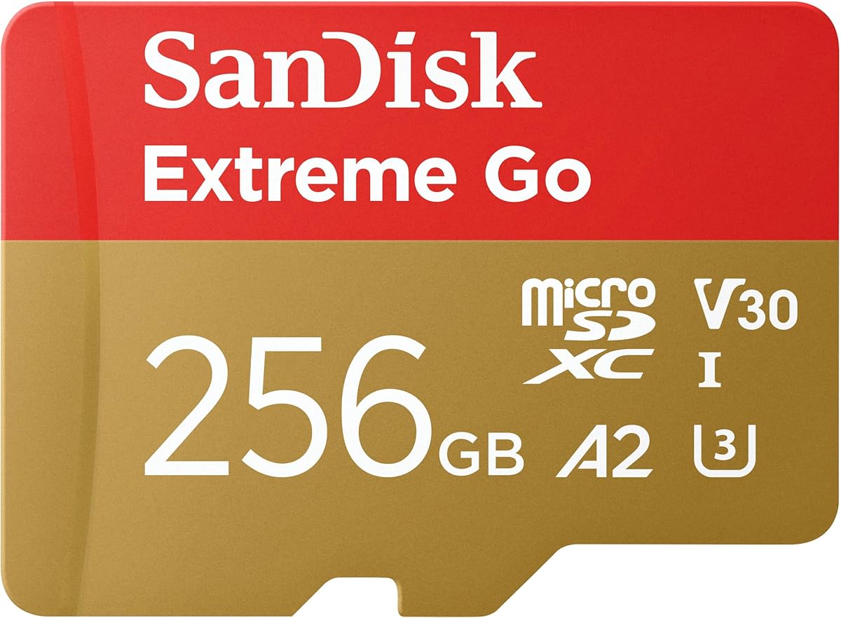 SanDisk 256GB Extreme Go scheda microSDXC + adattatore SD (per smartphones e Tablet Android, Action Cam, Drones, UHS-I, fino a 200 MB/s, 5K, 4K, UHD, V30, Rescue PRO Deluxe, Class 10, U3) per Amazon