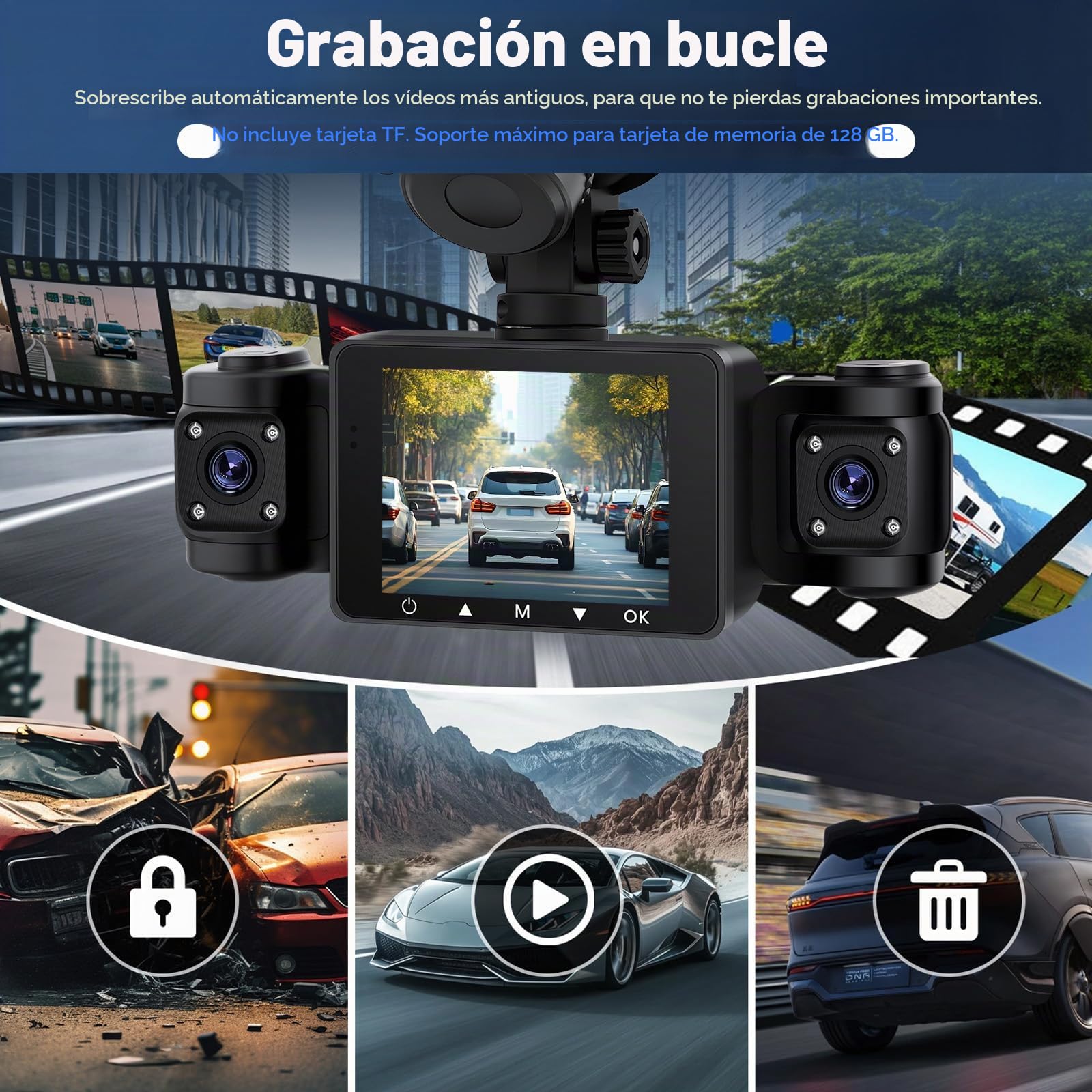 SIXWIN Dash CAM Coche 360° 4 Cámaras, 1080P, Pantalla Táctil IPS 2.4", Monitor de Estacionamiento 24H, Sensor G, Visión Nocturna, Asistente Marcha Atrás, Compatible 128GB, Universal para Todo Coche