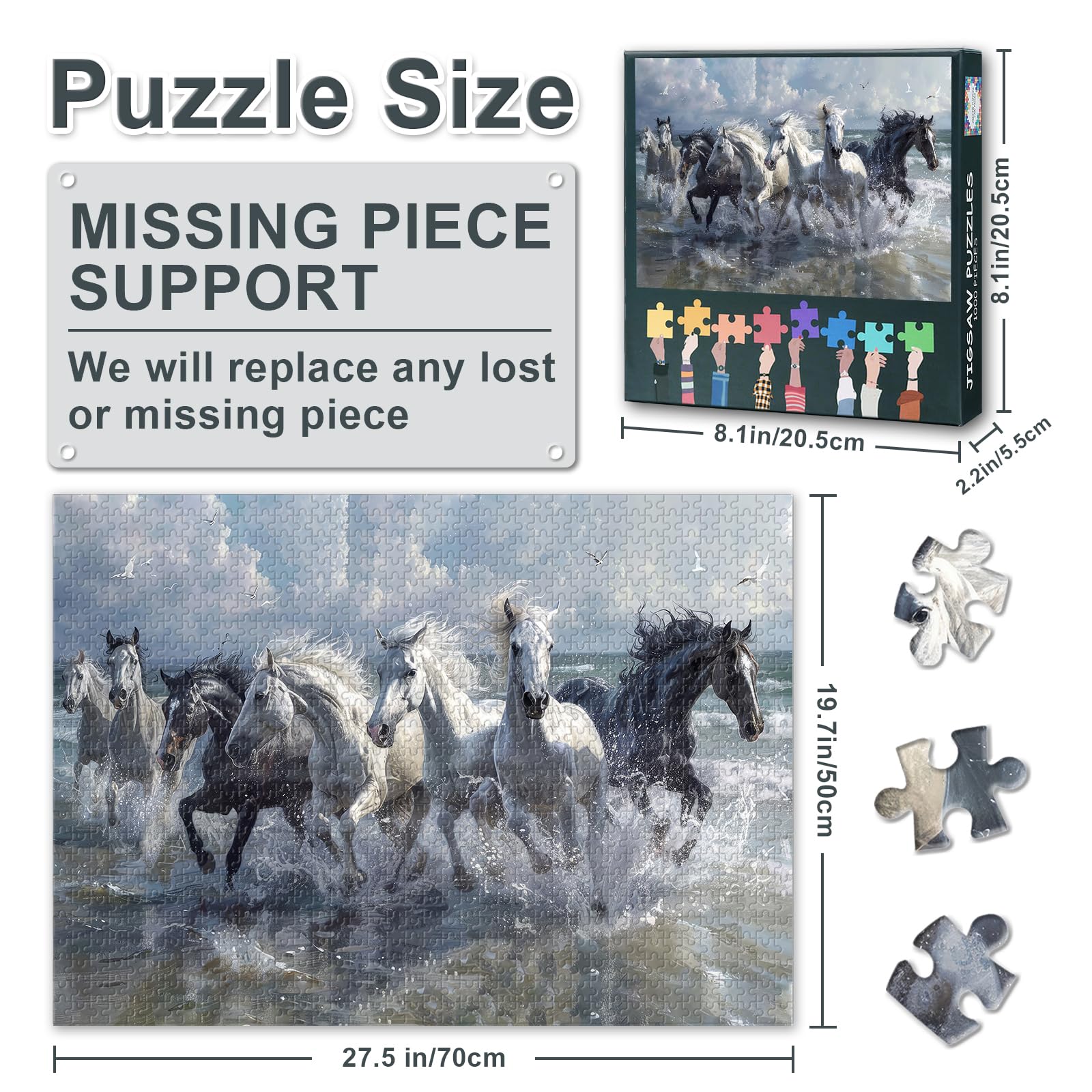 Jigsaw Puzzle 1000 Piece for Adults, Galloping Horses in Water, Dynamic Splash Art, Premium Adult Puzzles 1000 Pieces - Image 3