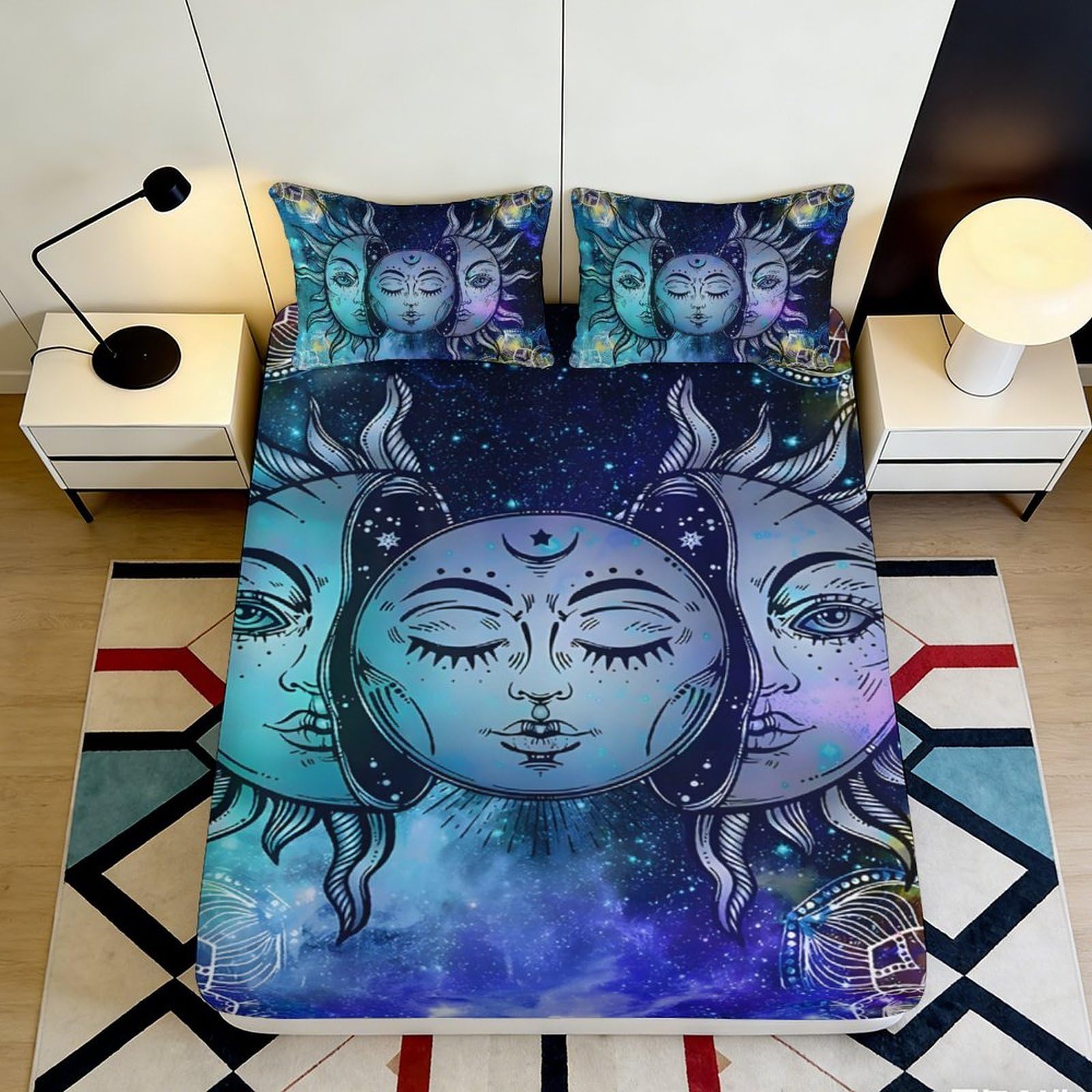3D Printed Mystical Moon Fitted Sheet Microfiber Deep Pocket Non-Slip Mystical Moon Mattress Fitted Cover for Bedroom 90x200x25cm