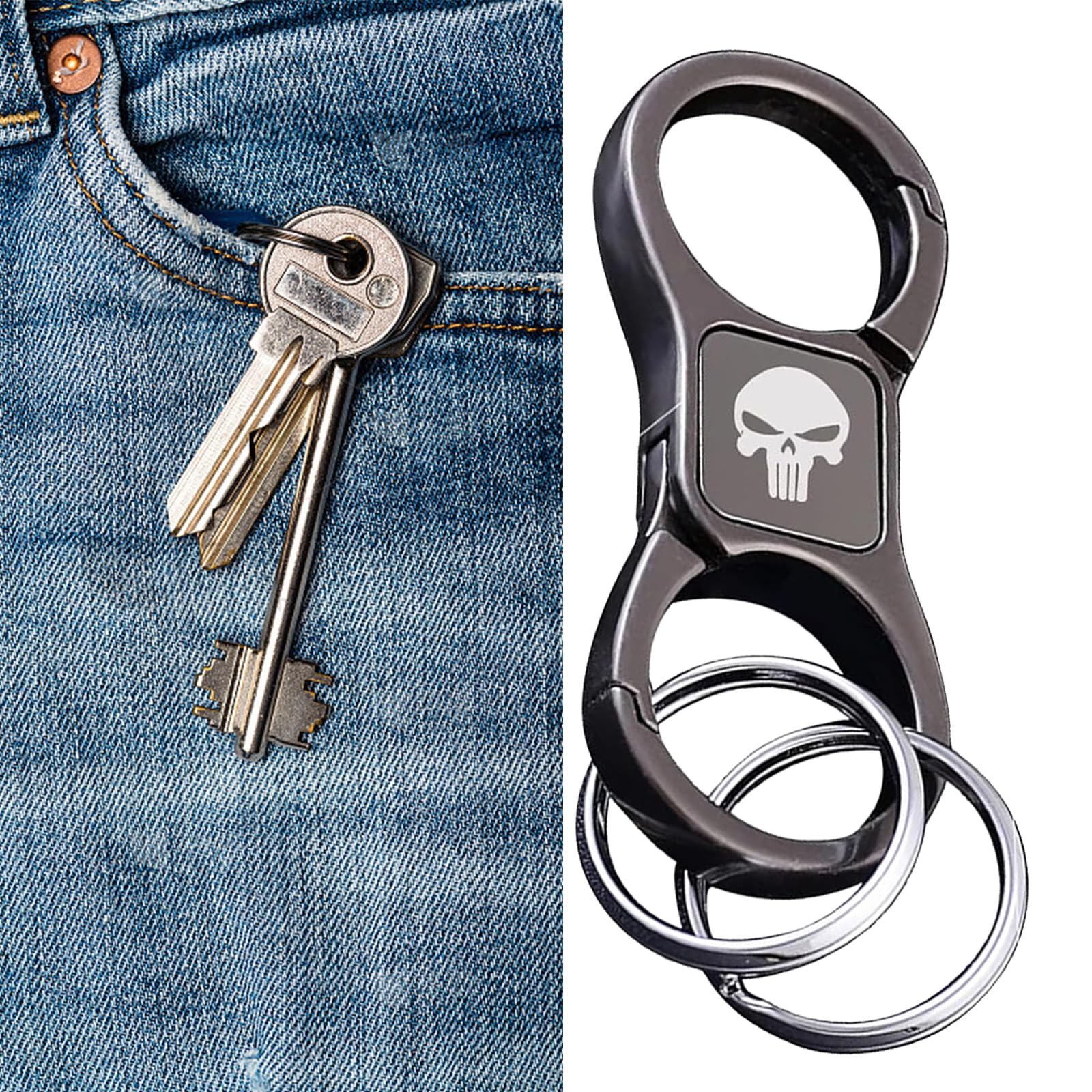 1 PC Car Skull Keychain, Unisex Two-way Quick Release Alloy Key Chain with 2 Detachable Key Rings (Black)