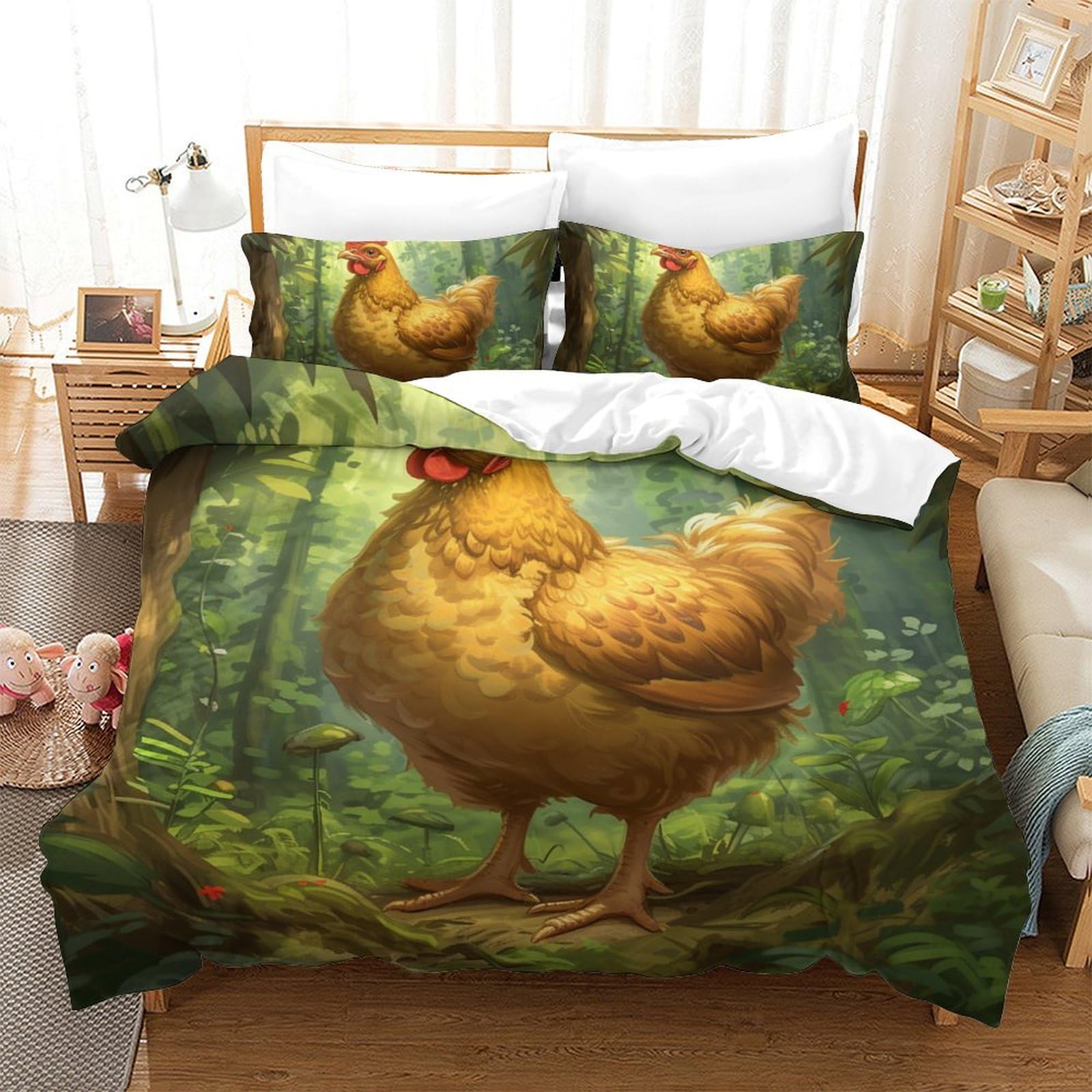 Housse de couette Le Coq 3D en microfibre 200x200 cm avec taies d'oreiller pour lit deux personnes