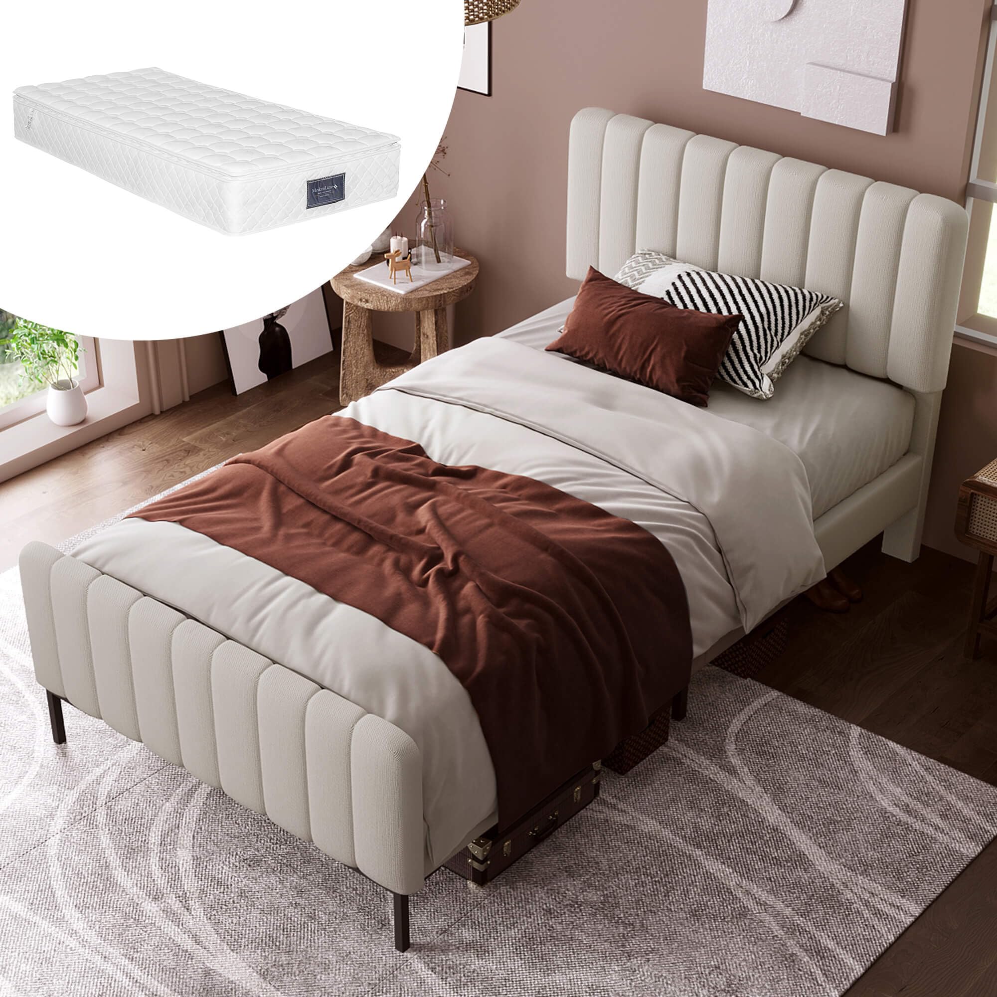 Gestoffeerd bed, 90 x 200 cm, bedframe met hoofdeinde, voeteneinde en lattenbodem, grijs, gestoffeerd tweepersoonsbed, tienerbed, logeerbed