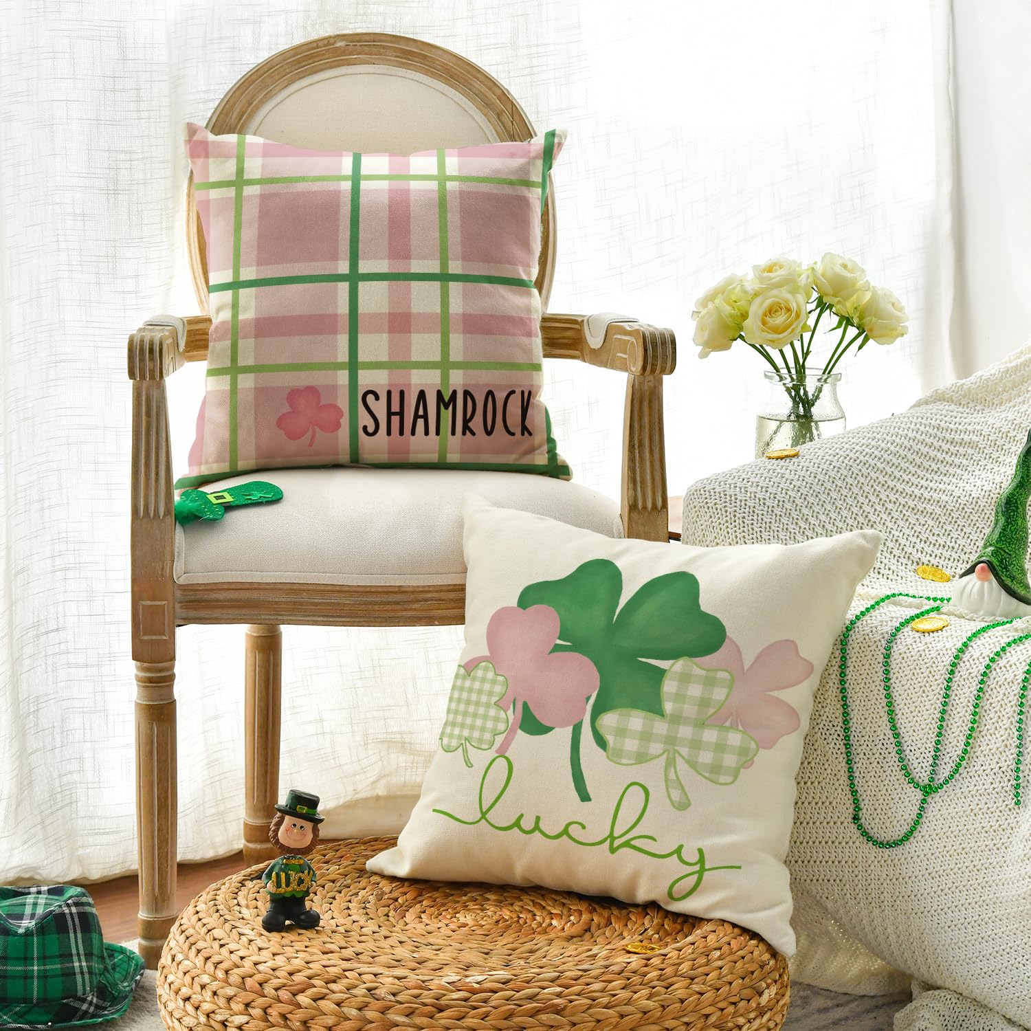 Set Of 4 St. Patrick's Day Pillow Covers - 18x18 Inch Shamrock Buffalo Plaid Decor For Sofa & Couch