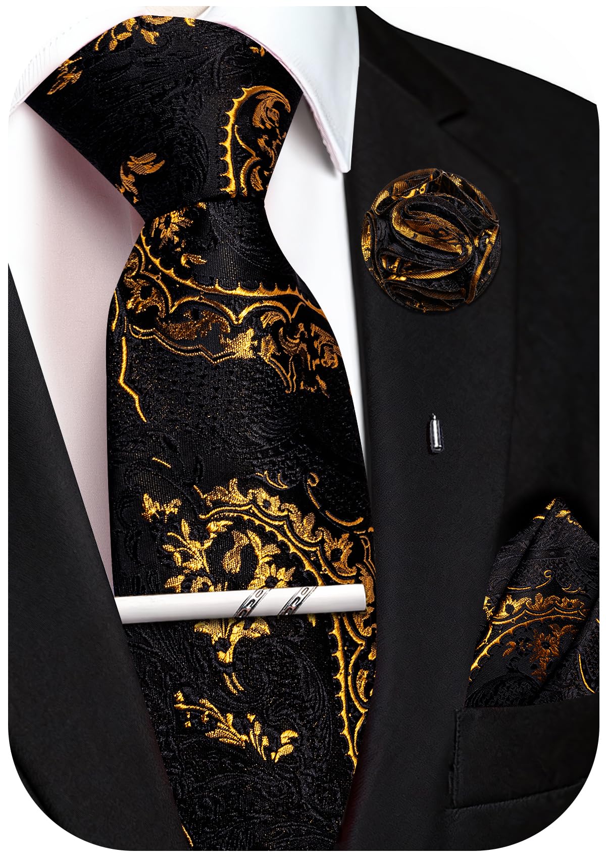 Unique Paisley Ties for Men Silk Neck Tie and Pocket Square Set with Tie Clip Lapel Pin Wedding Formal