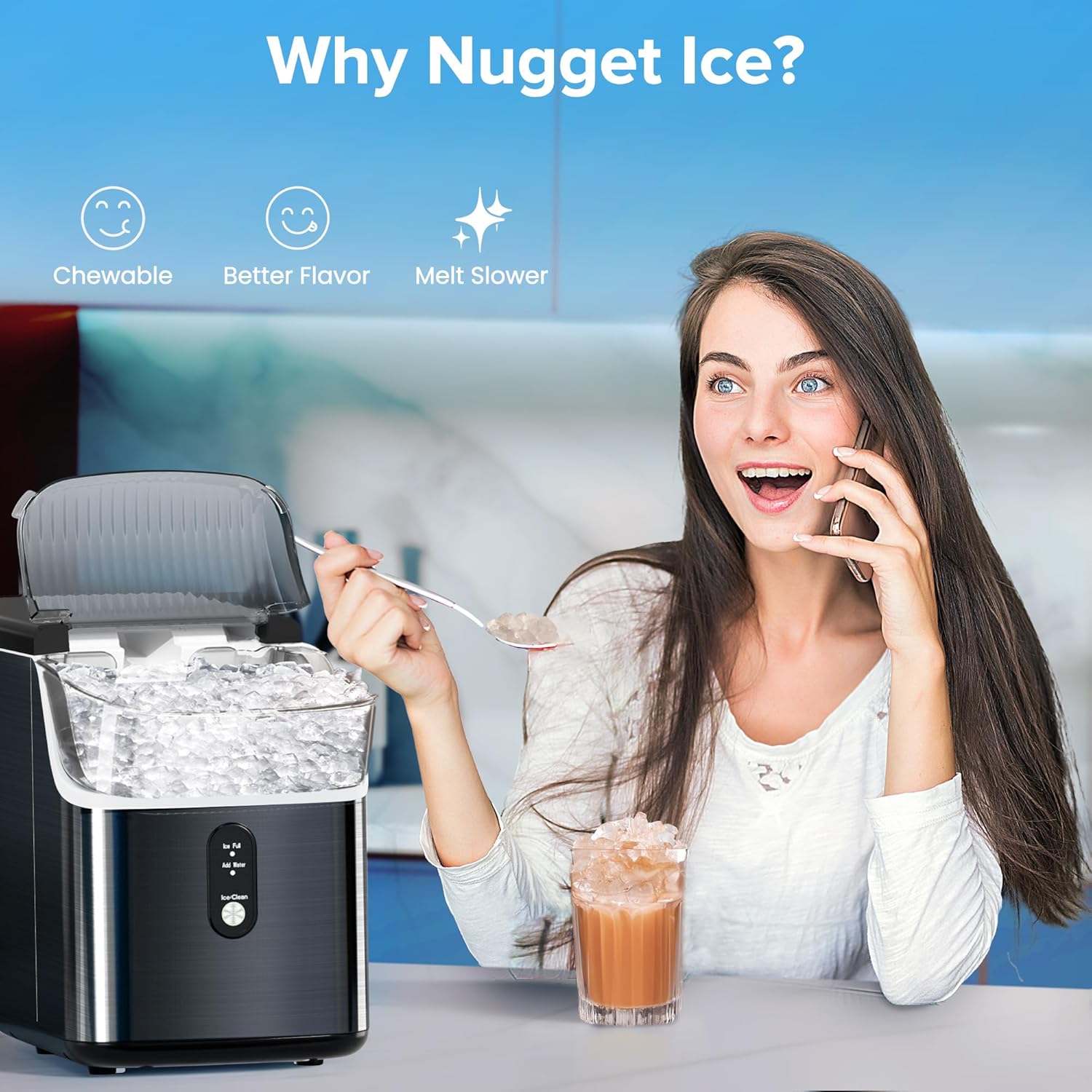 Electactic Countertop Nugget Ice Maker Pro - 34lbs/24H, Self-Cleaning Pellet Ice Machine with Soft Chewable Ice, One-Touch Operation for Home, Kitchen, Office,Party (Black)