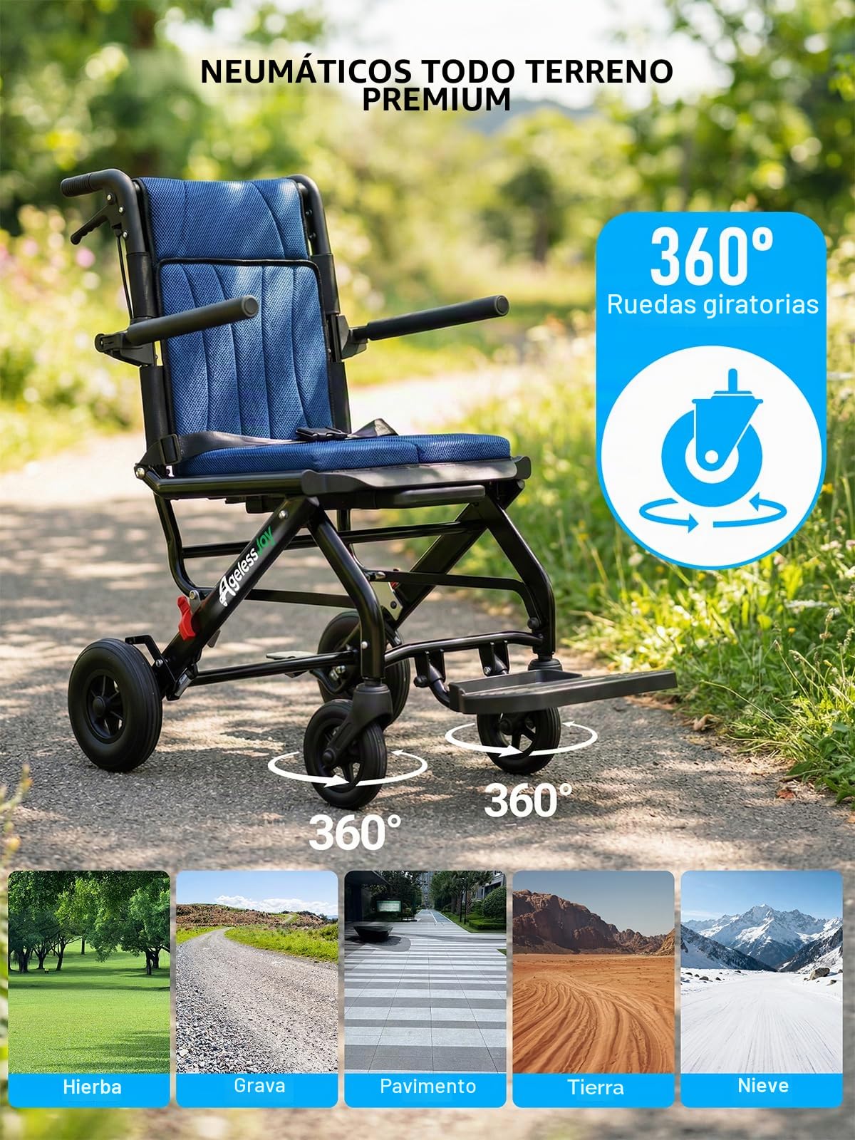 Silla de Ruedas Plegable Ligera para Mayores, Silla de Transferencia Ultraligera de Aluminio (9 kg) con Mango Telescópico, Silla Ruedas de Transporte para Viajes y Avión, Azul