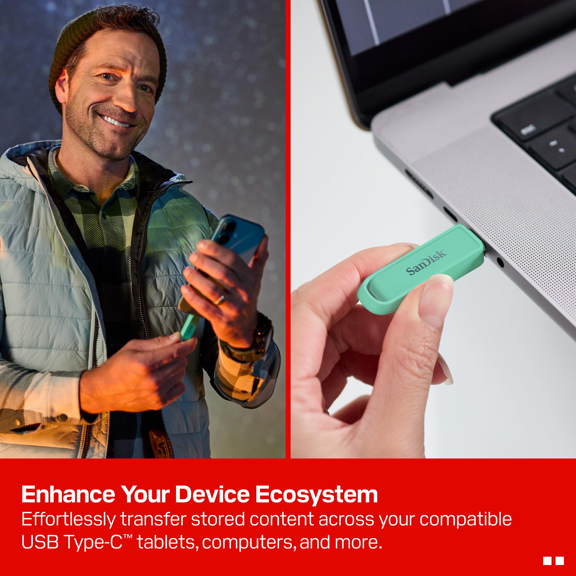 SanDisk Phone Drive z USB Type-C 256 GB (do telefonu, do smartfonów, tabletów i komputerów, prędkością 150 MB/s, Wykonuj automatyczne kopie, Dzięki odzyskiwaniu) - Seafoam Green