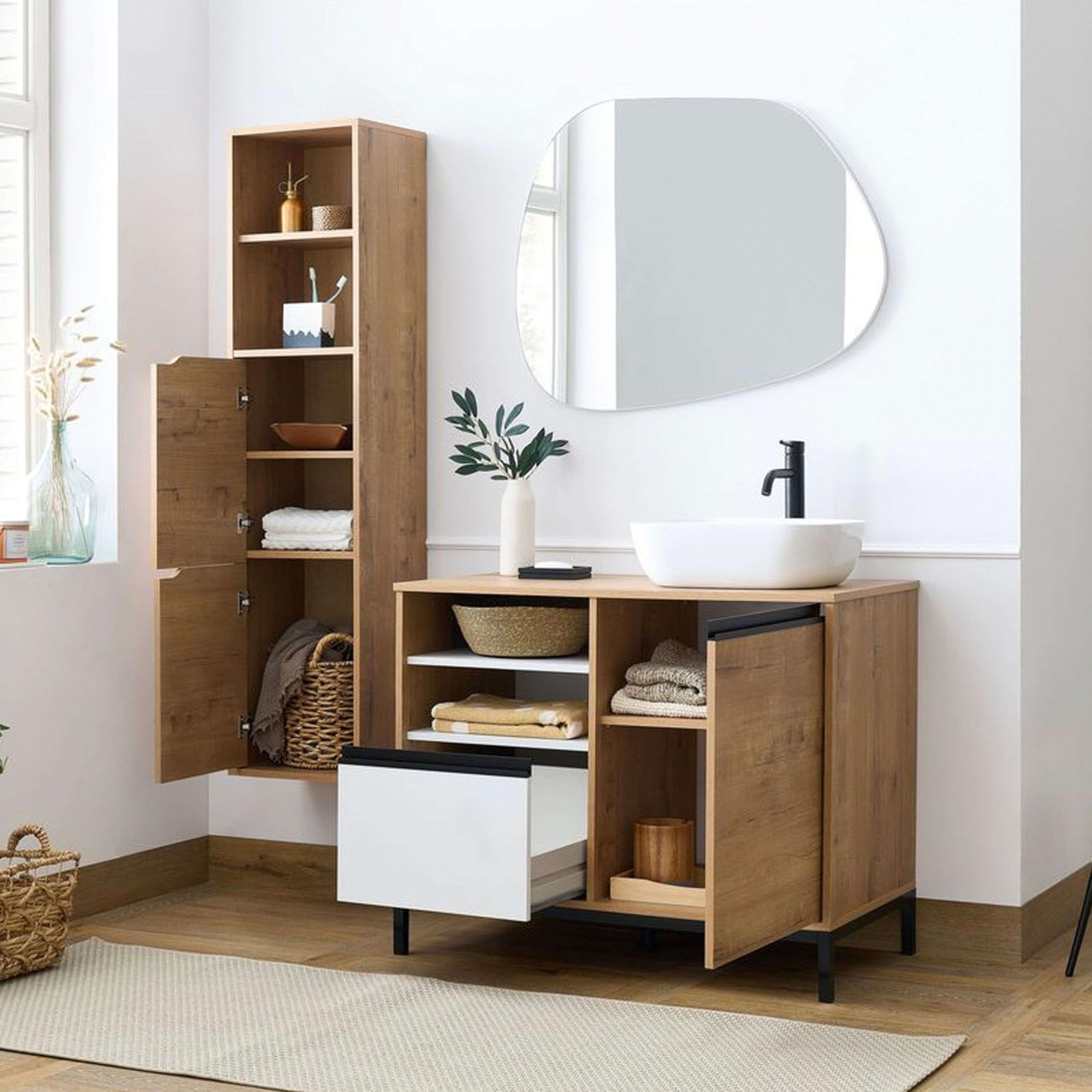 MUEBLES PITARCH | Columna de Baño Colgada Herrajes incluidos, Armario de Baño con 4 estantes, 2 Puertas, Roble Gold, 150x36,5x30cm (Alto x Ancho x Fondo), Mueble Auxiliar, Moderna, Modelo Nadia