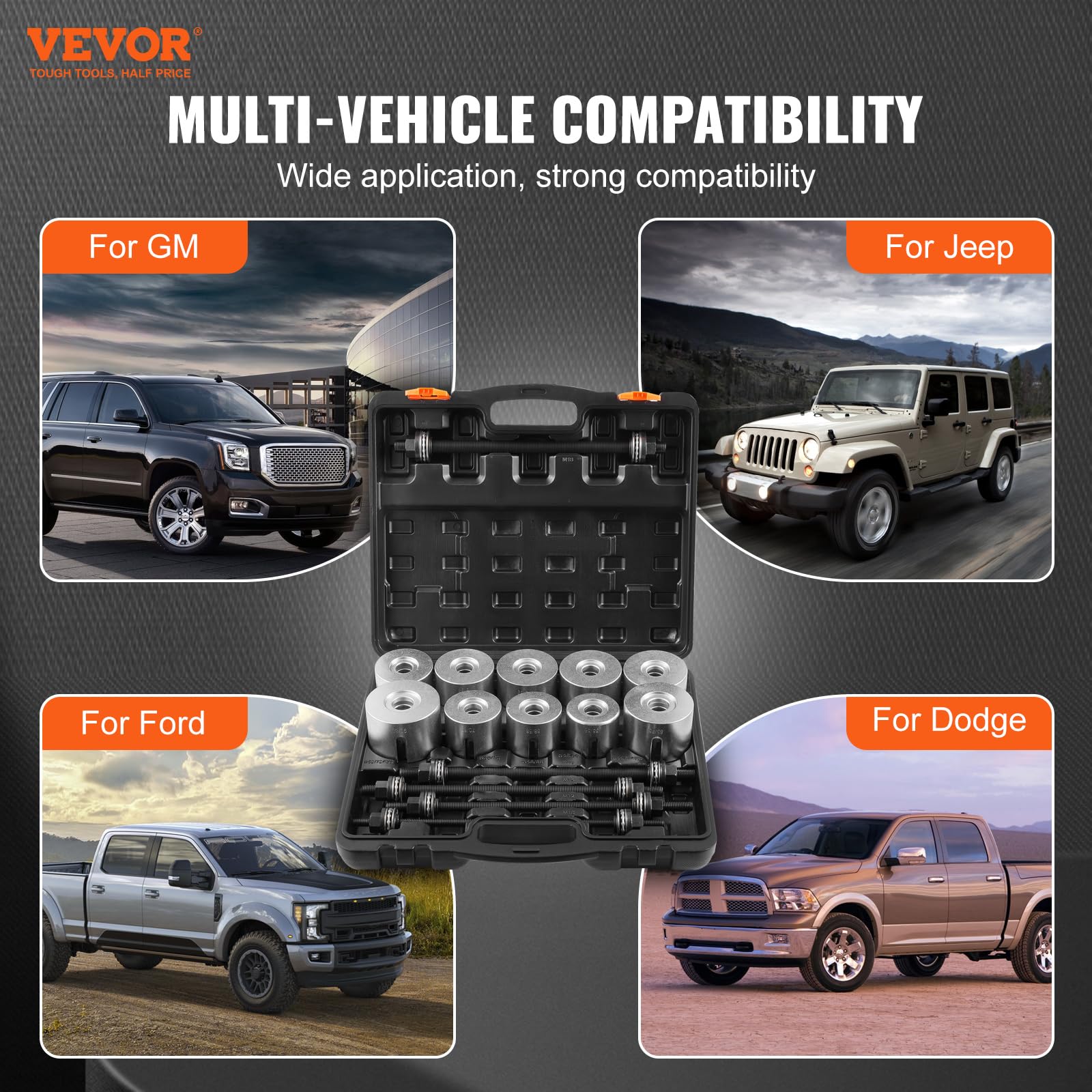 VEVOR Kit Manicotto di Trazione e Pressione da 27 Pezzi, Set di Rimozione e Installazione Cuscinetti a Boccola in Acciaio, con Custodia per Il Trasporto, Compatibilità Multi-Veicolo per Motori