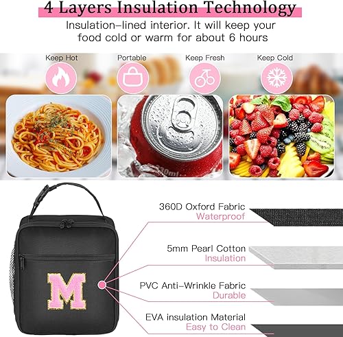 Miniatura 2 de Lonchera aislada con inicial, lonchera con parche de letra inicial para adolescentes y adultos, bolsa de almuerzo reutilizable para hombres y
