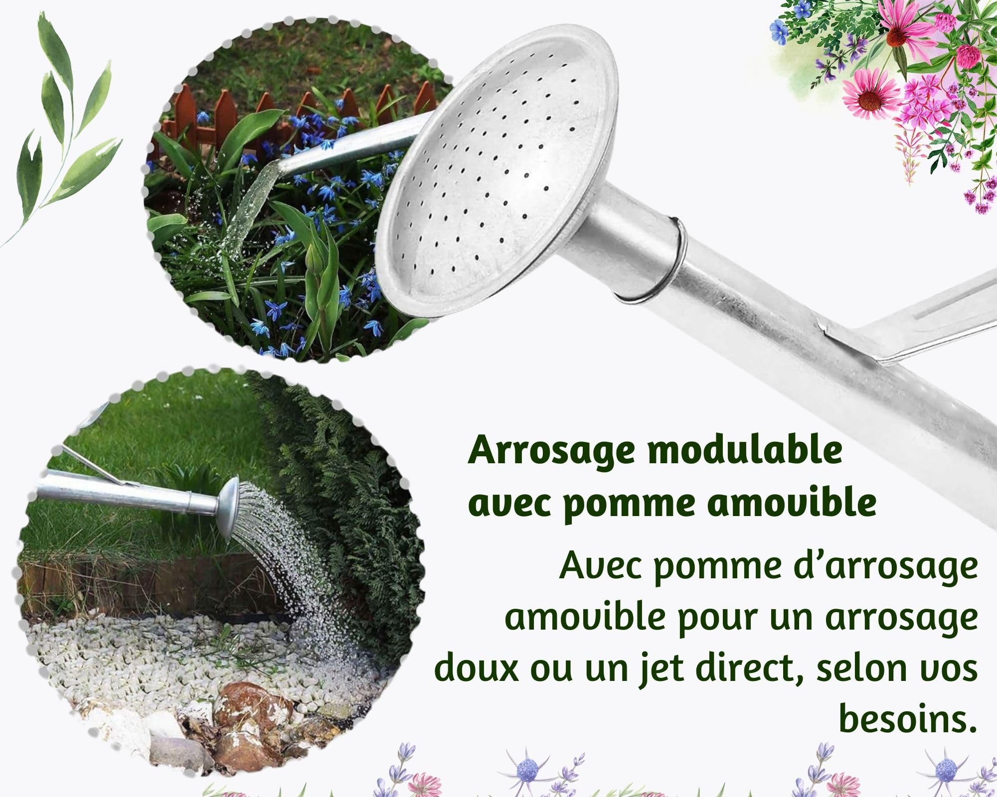 Arrosoir en zinc 12 l – Arrosoir en métal galvanisé avec douchette d'arrosage, arrosoir de jardin robuste en acier pour l'intérieur et l'extérieur, idéal pour l'arrosage des fleurs et