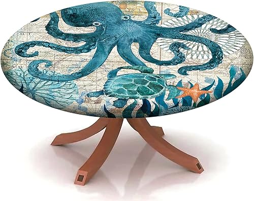 Mantel de playa náutico con diseño de tortugas marinas y pulpos, borde elástico, adecuado para catering y cocina, se puede limpiar para mesa redonda