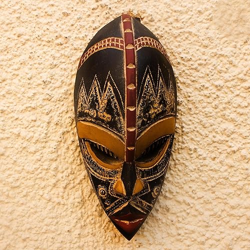 Miniatura 2 de NOVICA Máscara de pared de madera nigeriana hecha a mano de color marrón claro con detalles de aluminio, 'King's Companion