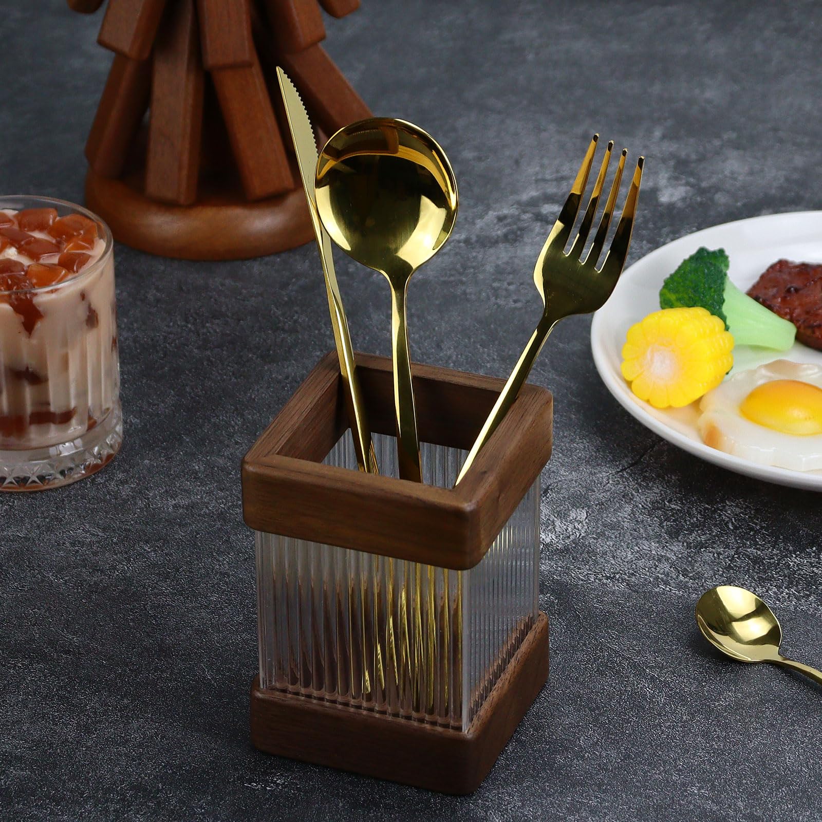 Desk Pen Holder, Aesthetic Acrylic Compartments Pen Pot, Cute Square Pencil Cup, Durable Desktop Office Supply Stationery Organiser, Stylish Home Decor Pen Stand (Walnut Wood) - Image 4
