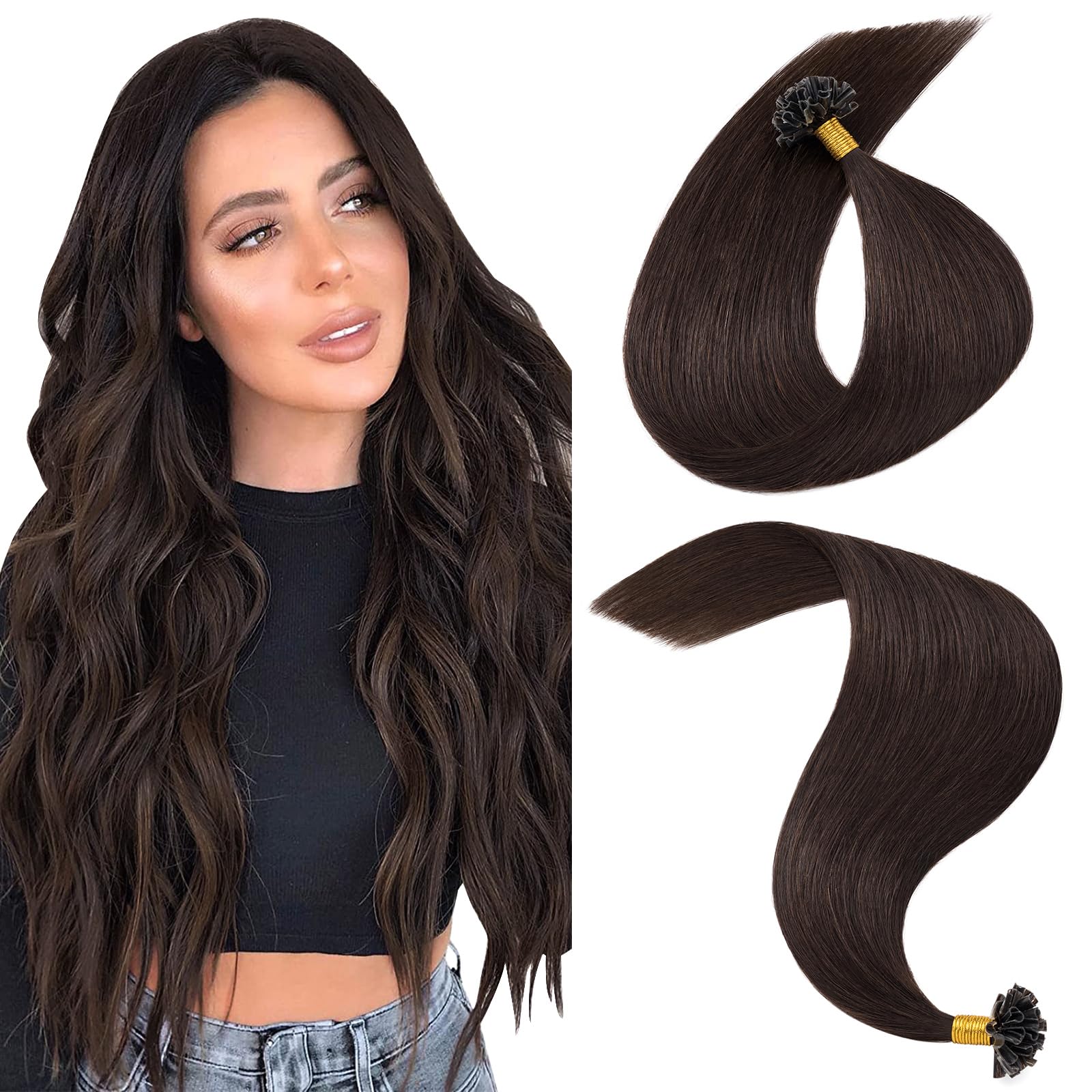 MY-LADY U Tip Hair Extensions Real Human Hair #2 Dark Brown 14 Inch Straight Pre Bonded Hair Extensions Natural & Silky 25g