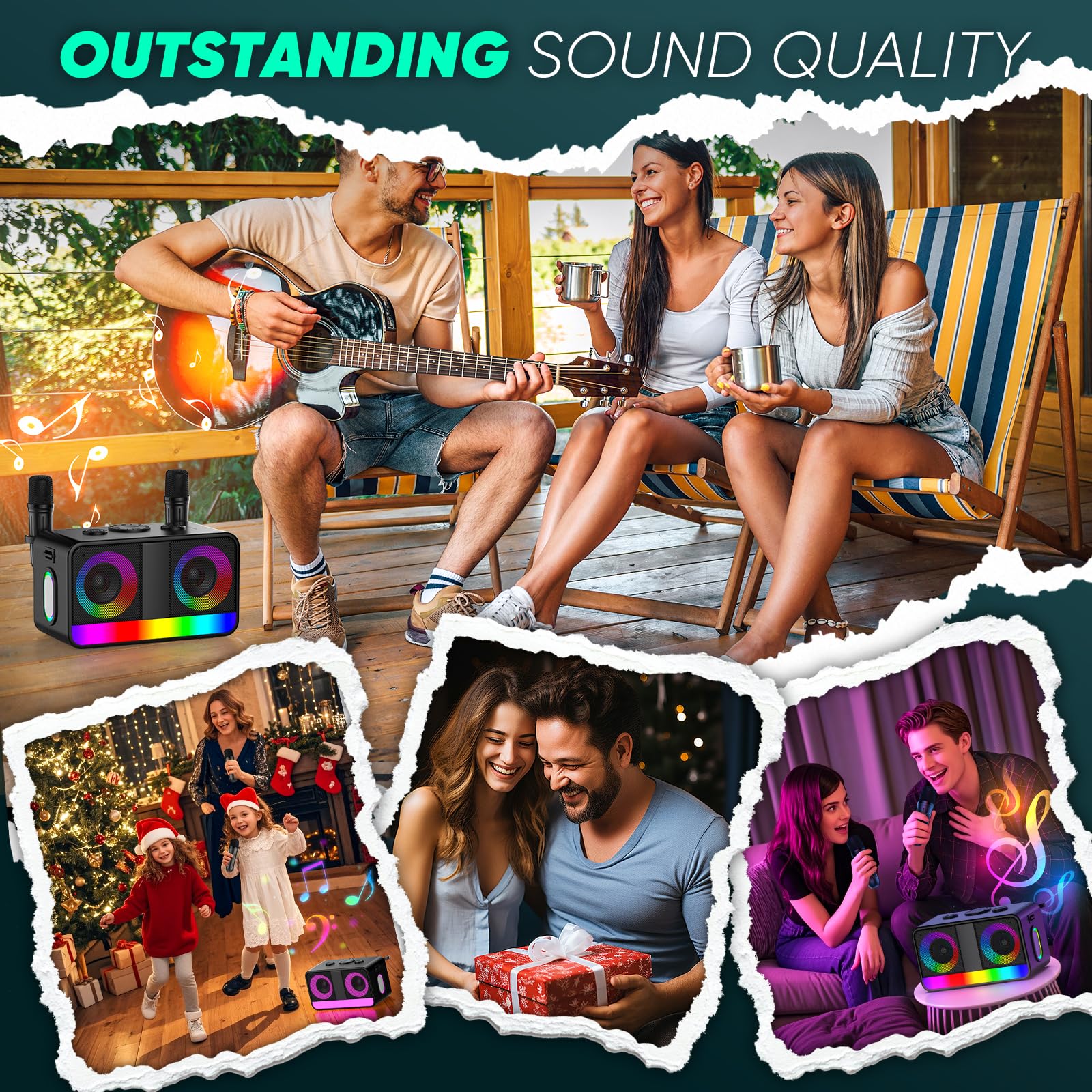 Karaoke-Maschine : Echter Tragbarer Lautsprecher mit 35W, 8-Stunden-Autonomie, 2 Aufladbare Drahtlose Mikrofone, LED, Karaoke-Maschine für Erwachsene & Kinder (CHJ171-Black)