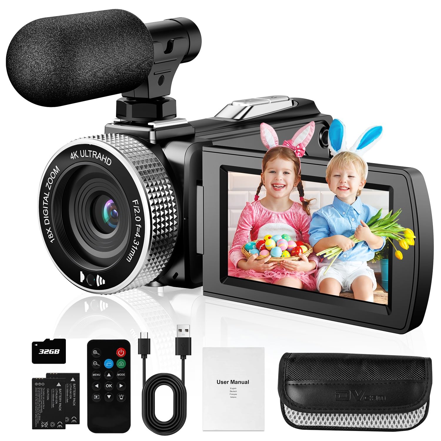 Videocamera digitale 4K, 48 MP, foto 4K 60 FPS, videocamera digitale per Vlogging YouTube, con 2 batterie/scheda SD/telecomando