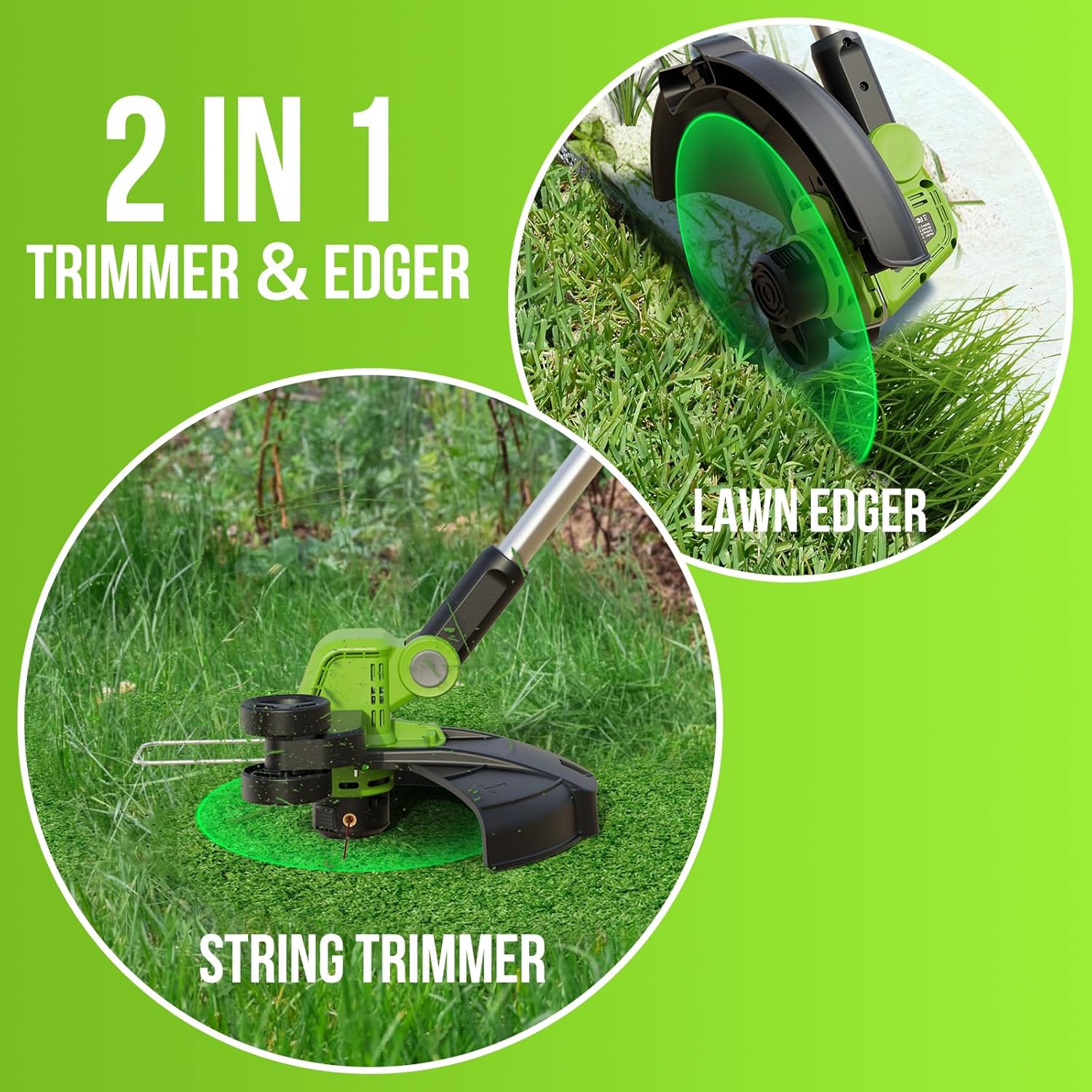 VARSK 20V String Trimmer Cordless, 12 Inch 2 in 1 Trimmer and Edger, Automatic Line Feed, Includes 2 X 2.0Ah Batteries/1 X Fast Charger/6 X Spare Spools, for Lawn, Garden, etc, Light Green