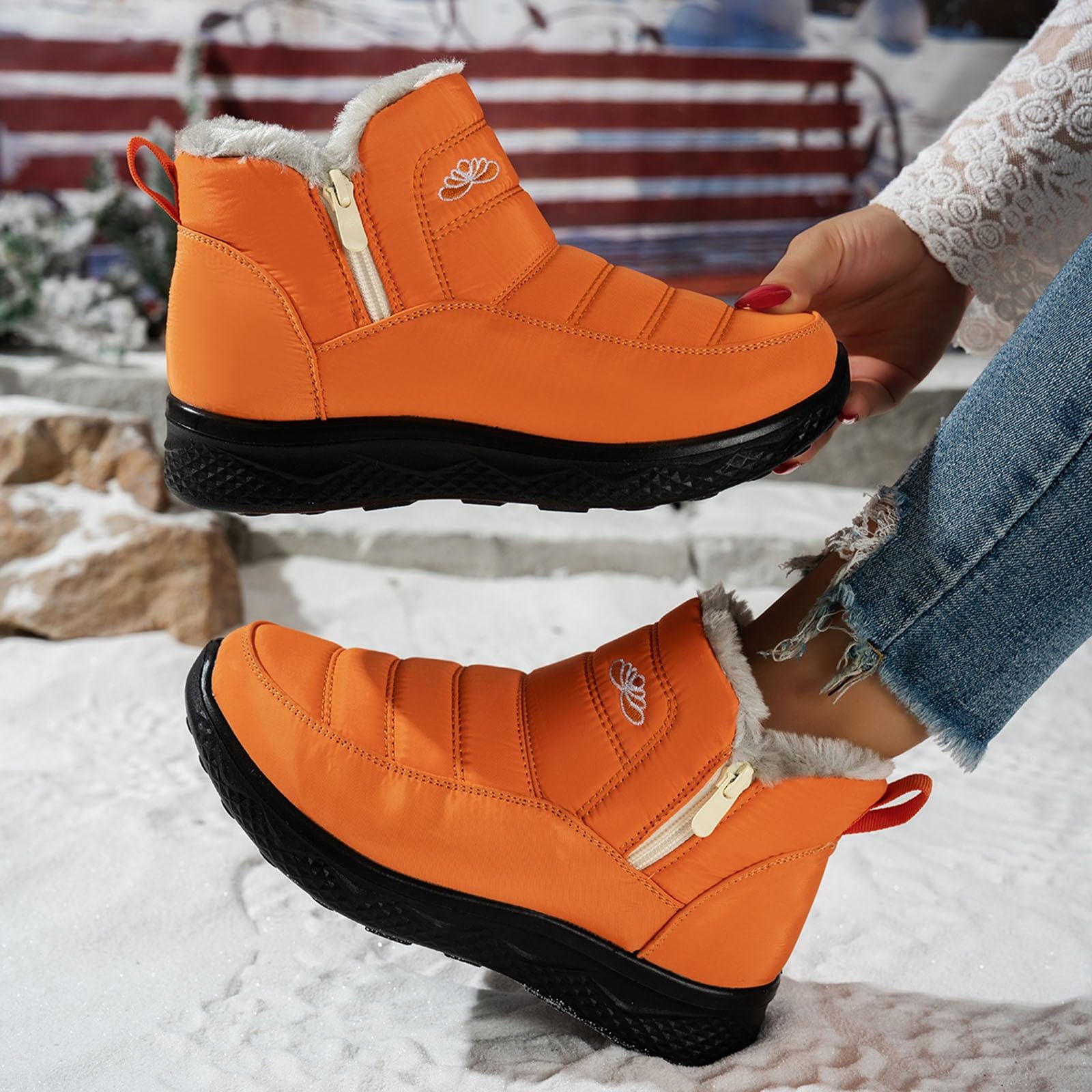 Botas de invierno para mujer, con forro de piel cálida, botas de tobillo para exteriores, antideslizantes, con cremallera lateral, botas térmicas de invierno, botas de nieve, cómodas botines