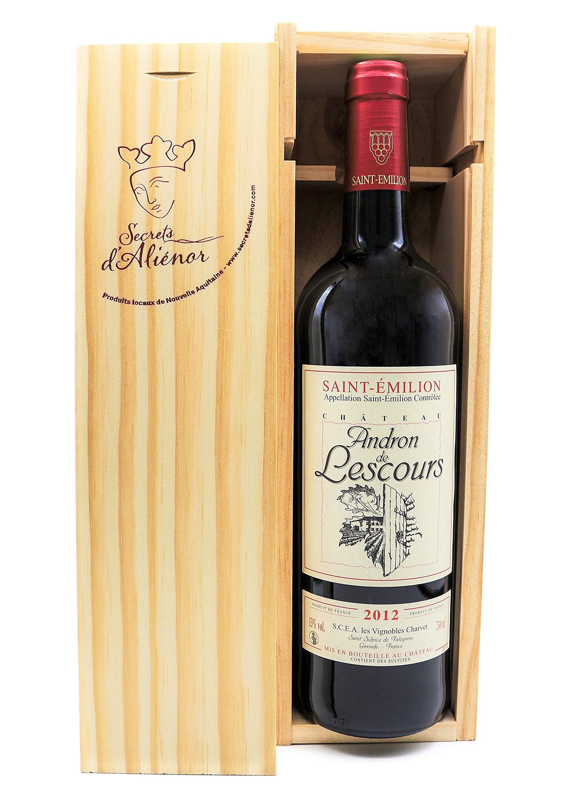 Coffret bois cadeau - vin rouge Bordeaux AOC Saint Emilion millésime 2019 bouteille 75 cl - bel emballage prêt à offrir