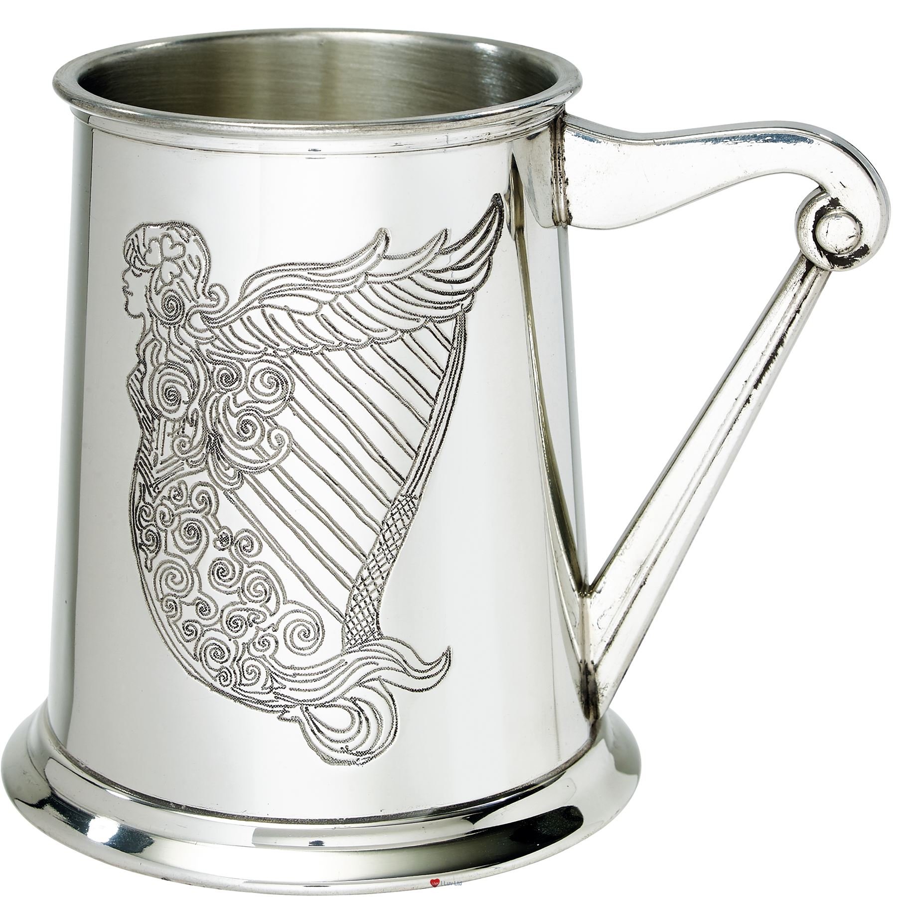 Chope en étain à poignée harpe irlandaise et corps gravé I LUV LTD