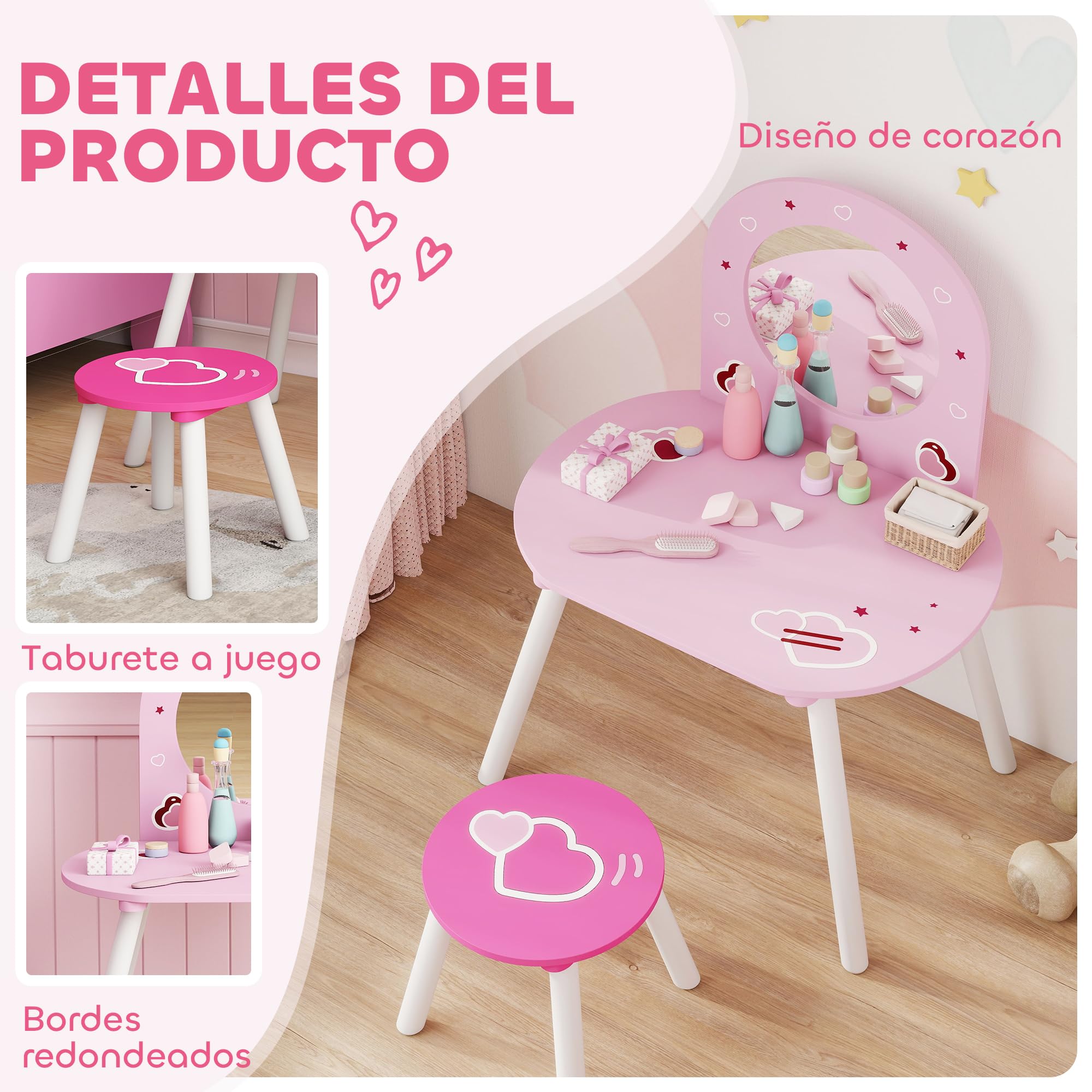 AIYAPLAY Tocador Infantil con Taburete y Espejo, Tocador para Niñas con Dibujos de Corazones, Mesa de Maquillaje para Niños y Niñas de 3-6 Años, Rosa