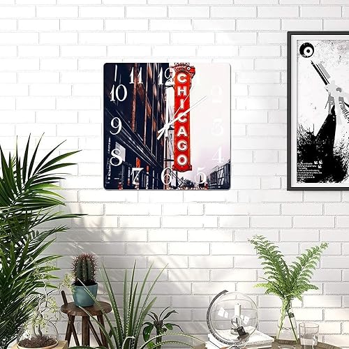 Miniatura 4 de Reloj de pared cuadrado de madera con vista de la ciudad de Chicago, reloj de pared digital silencioso reloj de pared de madera envejecida adecuado