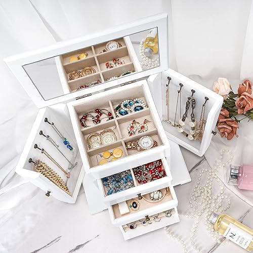 Miniatura 3 de Emfogo Joyero para mujer, cajas de joyería de madera rústica y organizadores con espejo, caja organizadora de joyas de 4 capas para anillos, aretes,