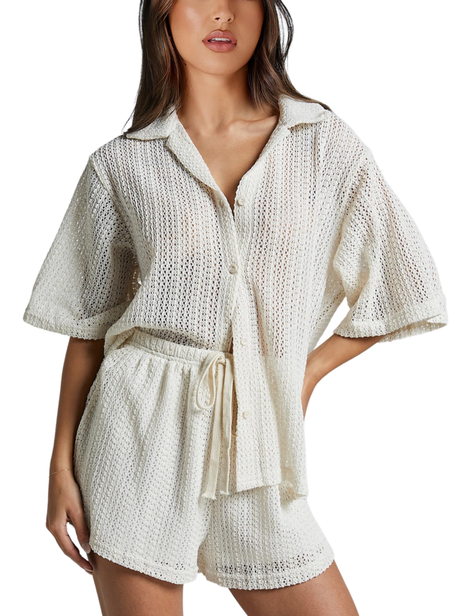 2 Piece Crochet Swimsuit Cover Ups for Women Hollow Out Knit Half Sleeve Tops Shorts Sets