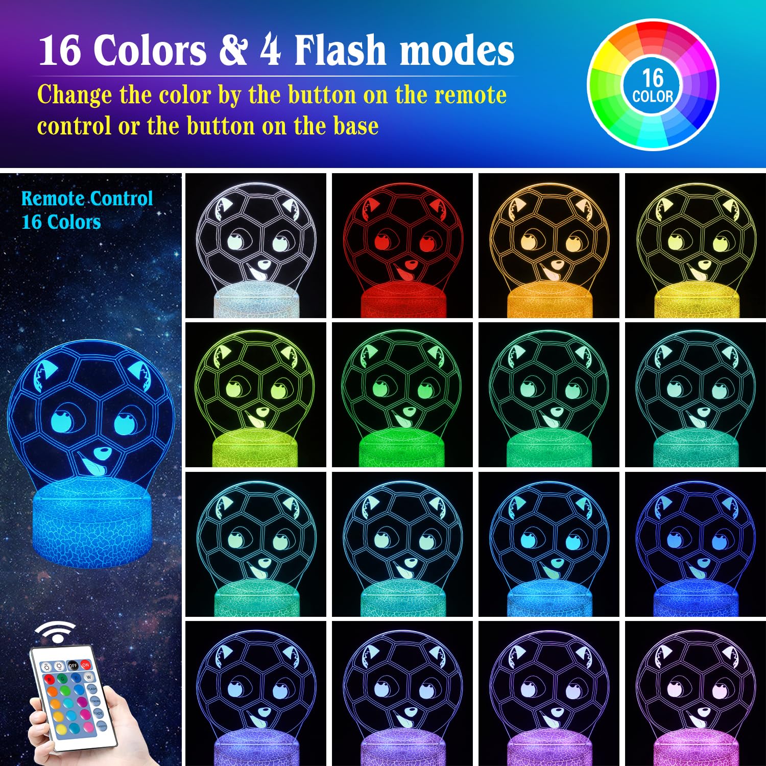 Regali di calcio per gli appassionati di sport, calcio luce notturna, 16 colori cambia lampada decorazione con telecomando e touch, regali per Natale, San Valentino, compleanno per ragazzi e ragazze