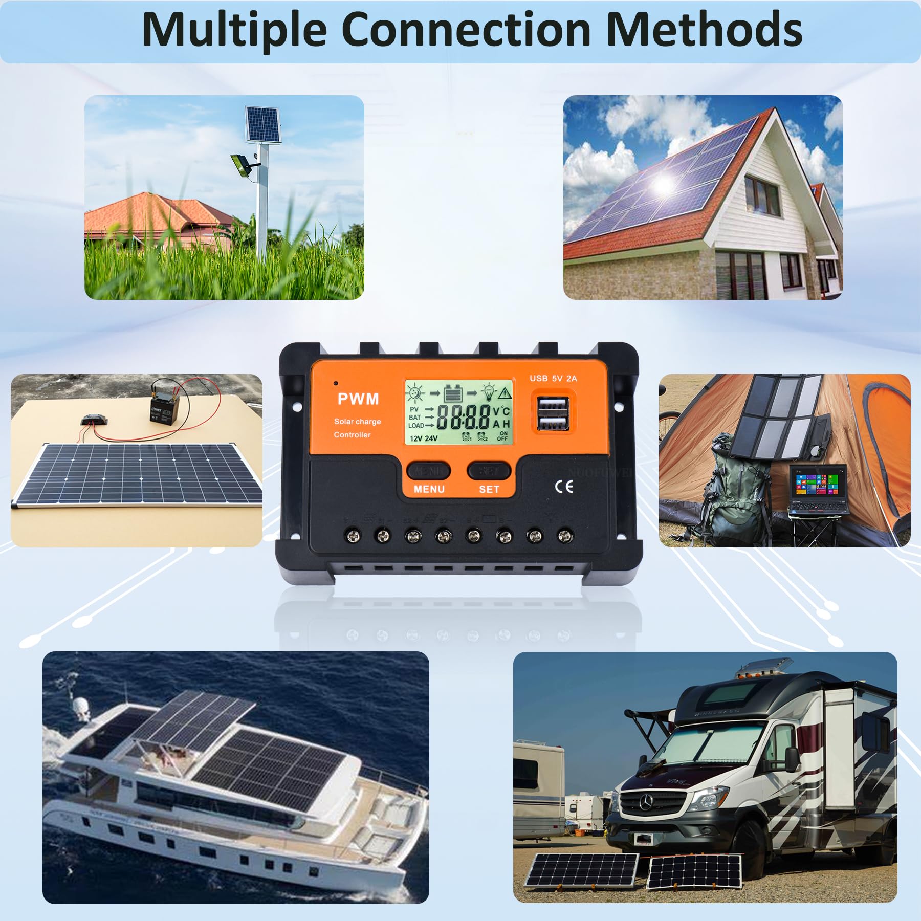 60A Controlador de Carga Solar 12V 24V 48V Automático, PWM 60A Regulador de Carga Solar, con sensor temperatura 2 puertos USB apto para 12V 24V 48V plomo ácido y litio Baterías etc