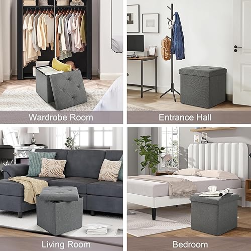 Vista 29 de VECELO Otomana de almacenamiento, reposapiés plegables de 11.8 pulgadas, taburete multiusos para reposapiés, otomanas plegables de tela de lino