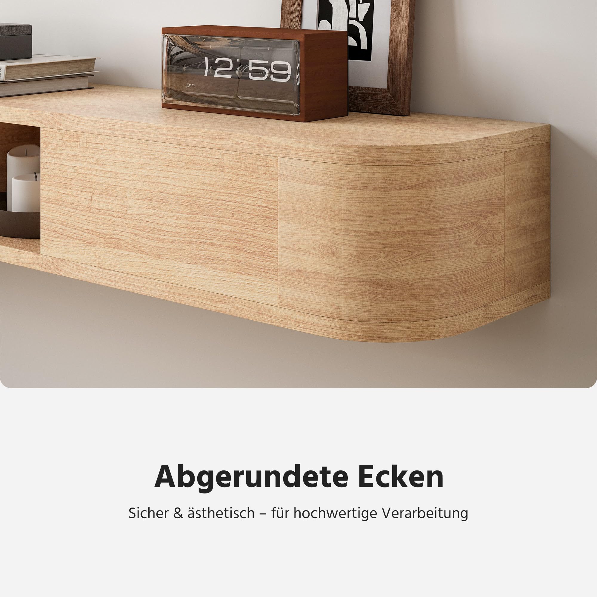 Schwebendes TV-Regal, 160 cm Wandmontiertes TV-Board mit Stauraum & Abgerundeten Ecken, Hängendes Medienboard mit Türen für Schlafzimmer und Wohnzimmer (Naturholzfarbe)