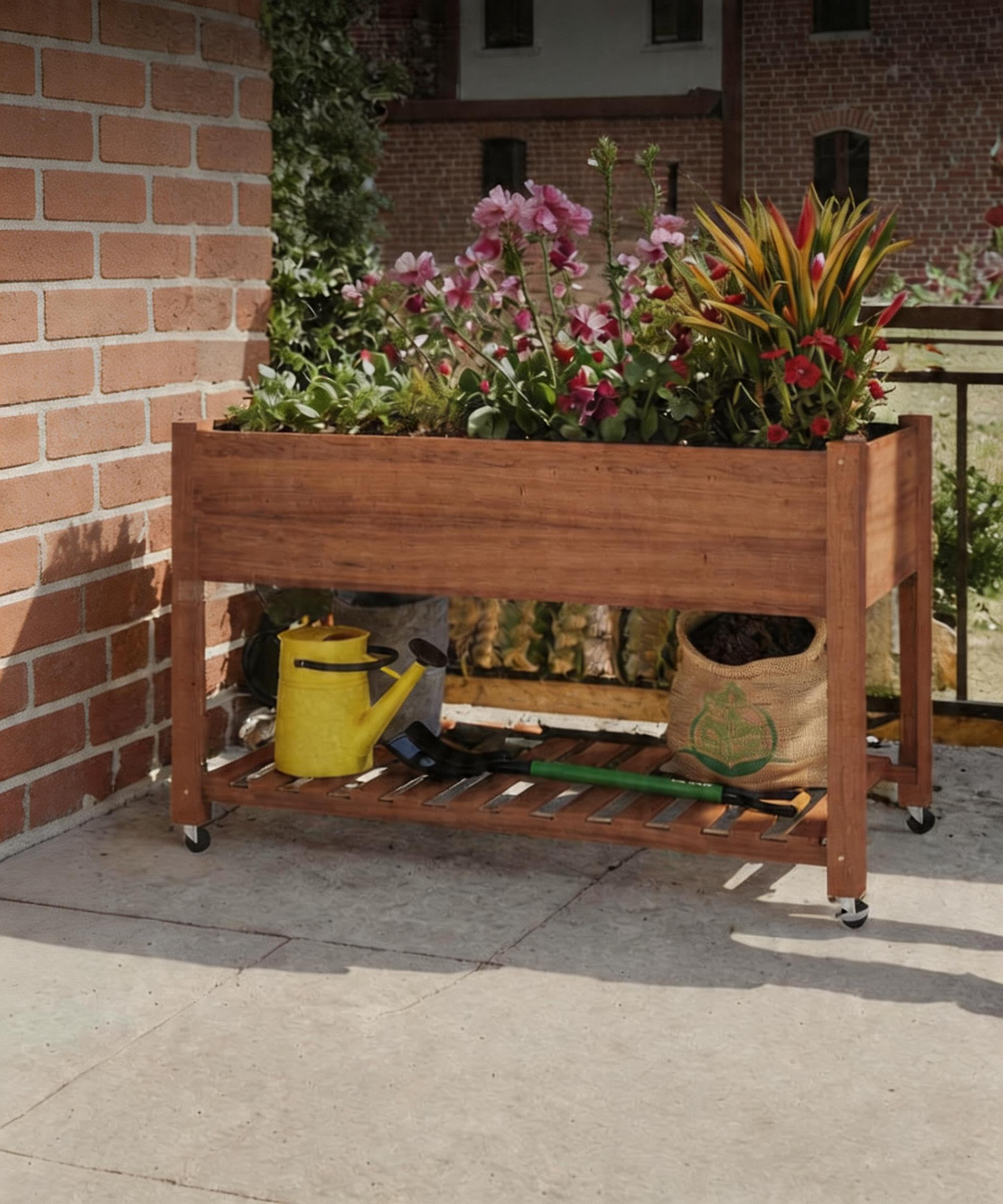 Garvee Wooden Raised Garden Bed, Elevated Planter Box with Reinforced Legs, Durable Wheels, Animal Protection Design, Outdoor Raised Bed with Bottom Shelf for Balcony, Patio, Flower, Herb Gardening