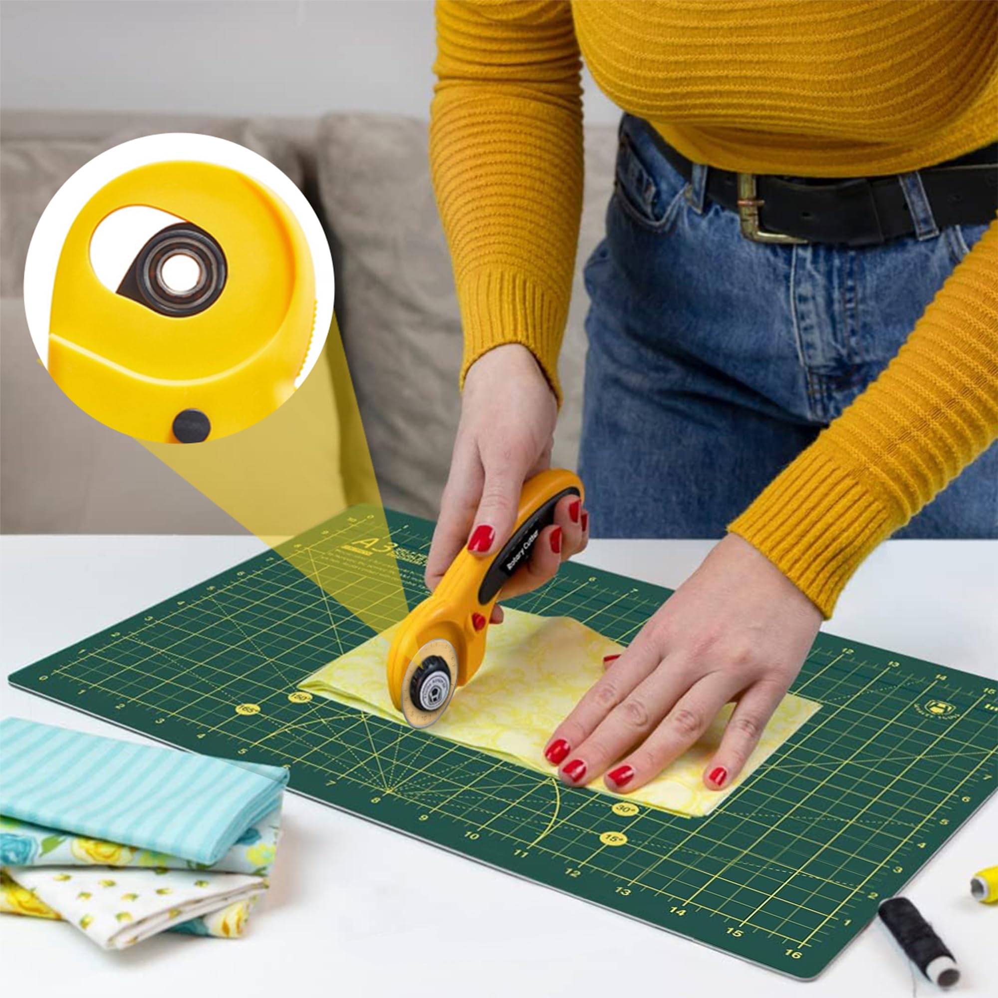 Rotary Cutter Set, Quilting Kit incl. Bearing 45mm Fabric Cutter, A3 Cutting Mat, Acrylic Ruler and Sewing Clips - Image 2
