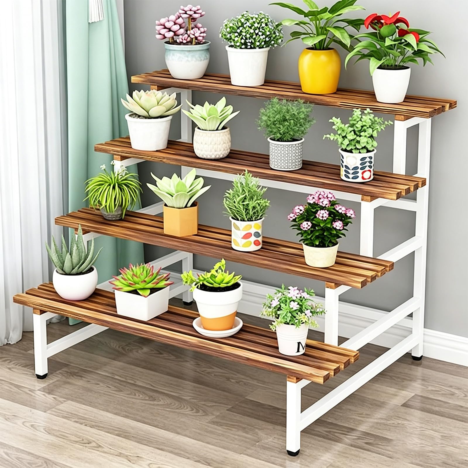 ATRBNCX 4 Tier Wooden Plant Stand Rack, Heavy Duty Metal Frame Corner Flower(Size:120cm/47in,Color:White)