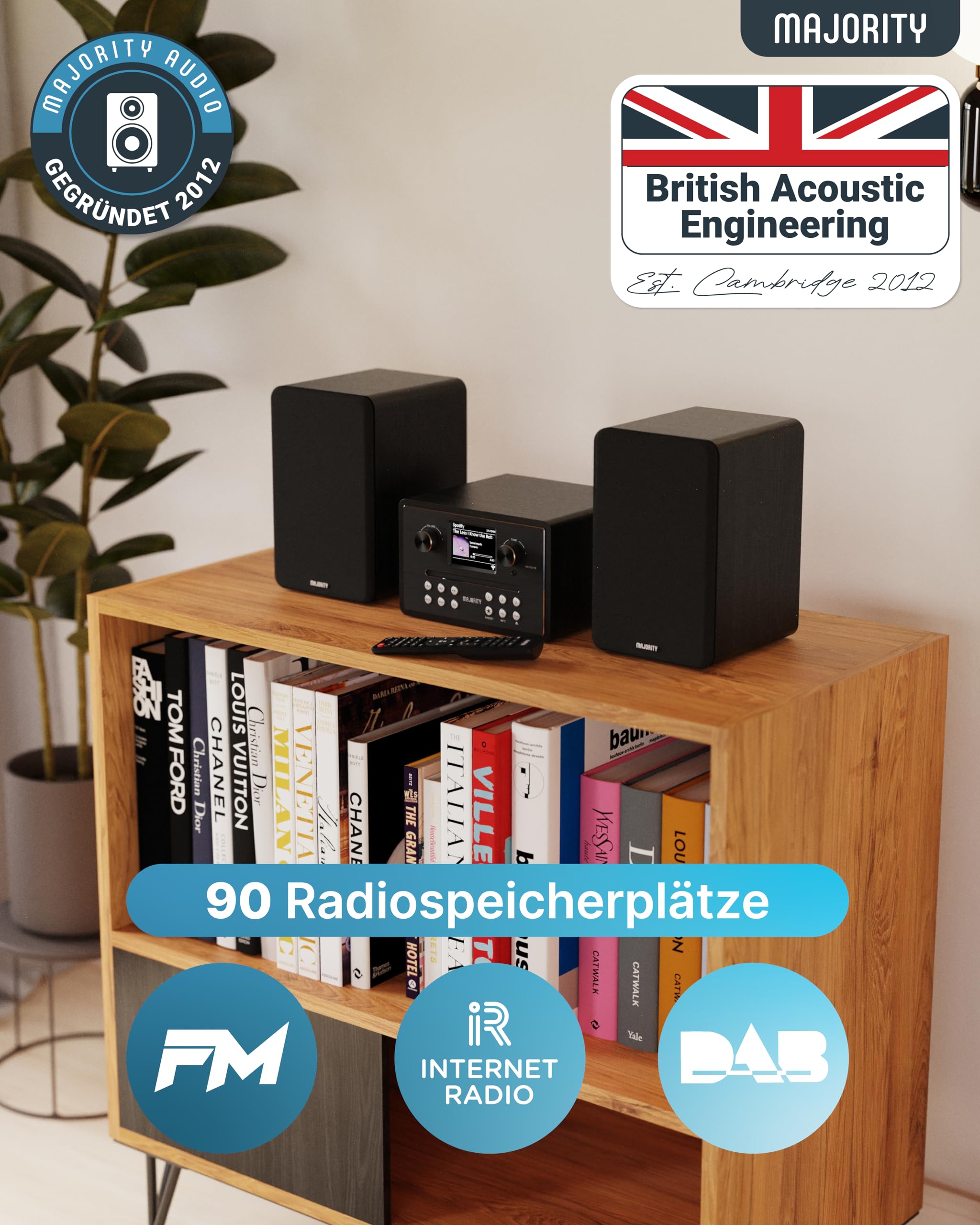 Internetradio WLAN Stereoanlage | HiFi Anlage DAB+ & UKW | CD Player Bluetooth 5.3 | Musikanlage mit Regallautsprechern | Kompaktanlagen mit Spotify Connect & Podcasts | MAJORITY Homerton HiFi