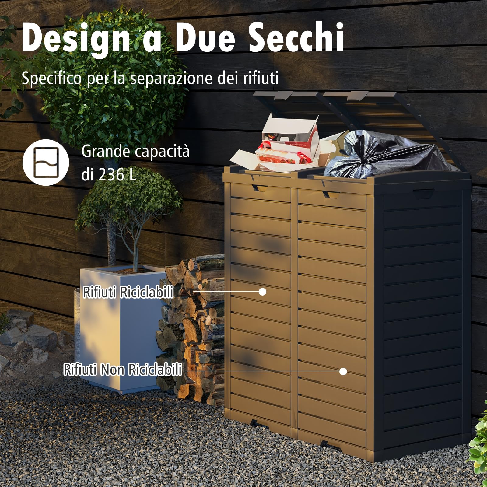 RELAX4LIFE Pattumiera Differenziata Esterno per Giardino a 1 o 2 Scomparti, con Vassoio per Liquidi, Coperchio e Maniglia,in Resina Resist. Intemperie(1, MARRONE, 235L)