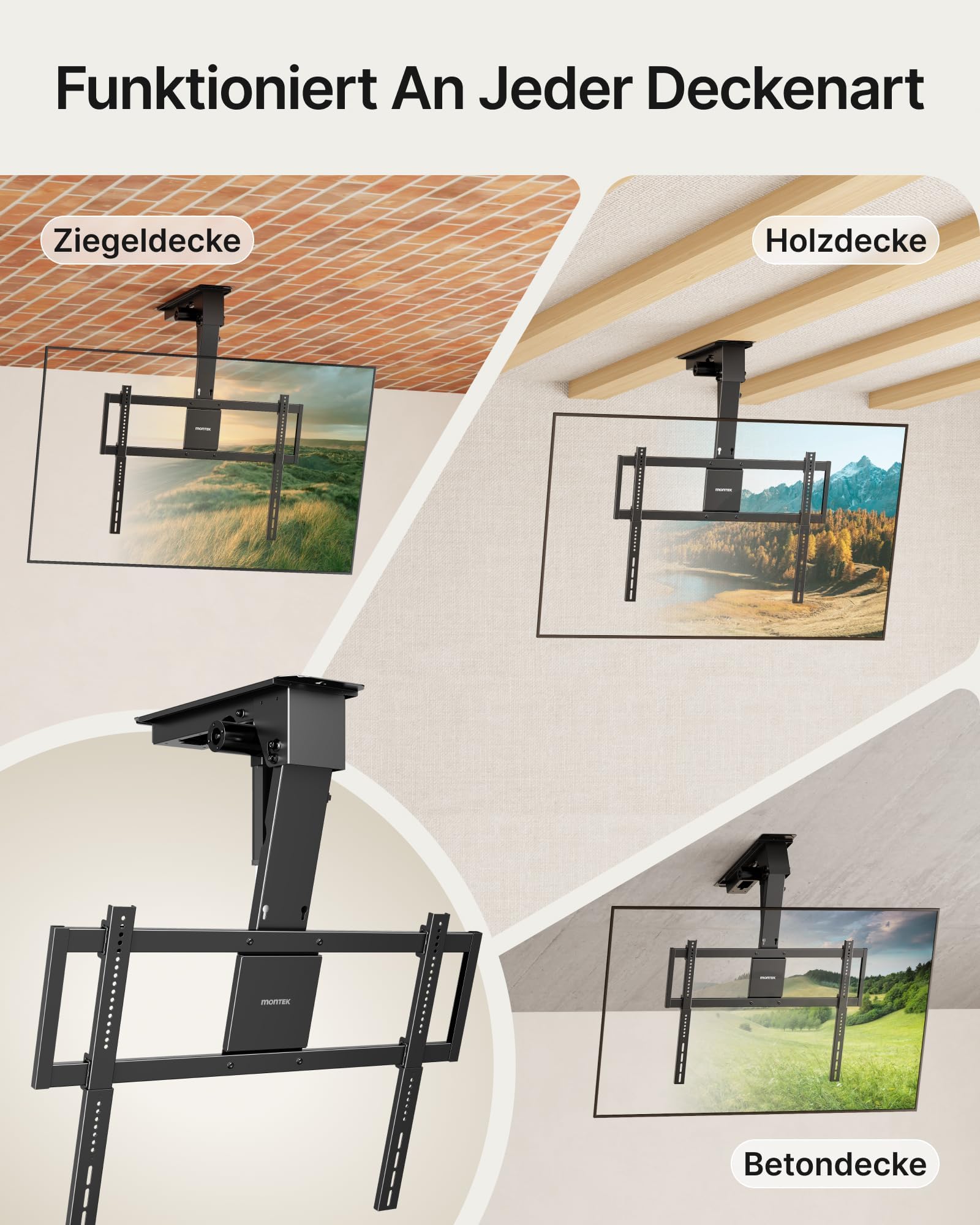 monTEK TV Deckenhalterung Elektrisch für 43-86 Zoll bis 55kg, VESA 800x400 | Fernbedienung/App/Sprachsteuerung, Klappbar Fernsehhalterung für Außermittig Angebrachte TV, für Flache/geneigte Dächer
