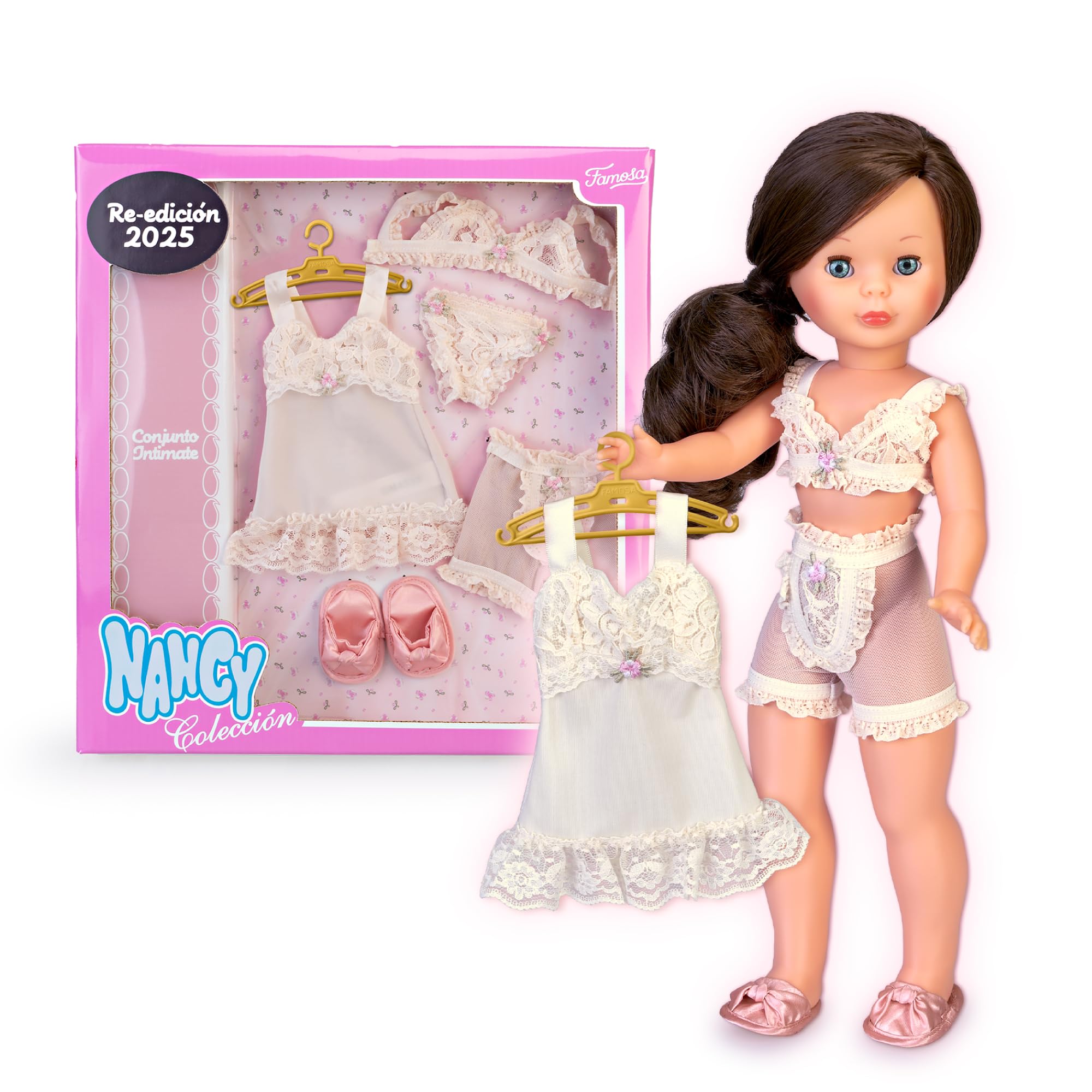 Nancy Colección Conjunto Intimate, Conjunto de Ropa Íntima para Muñeca de Colección, Reedición de un Set de Lencería de 1977, Incluye 5 Piezas de Ropa, Famosa (NAL15000)