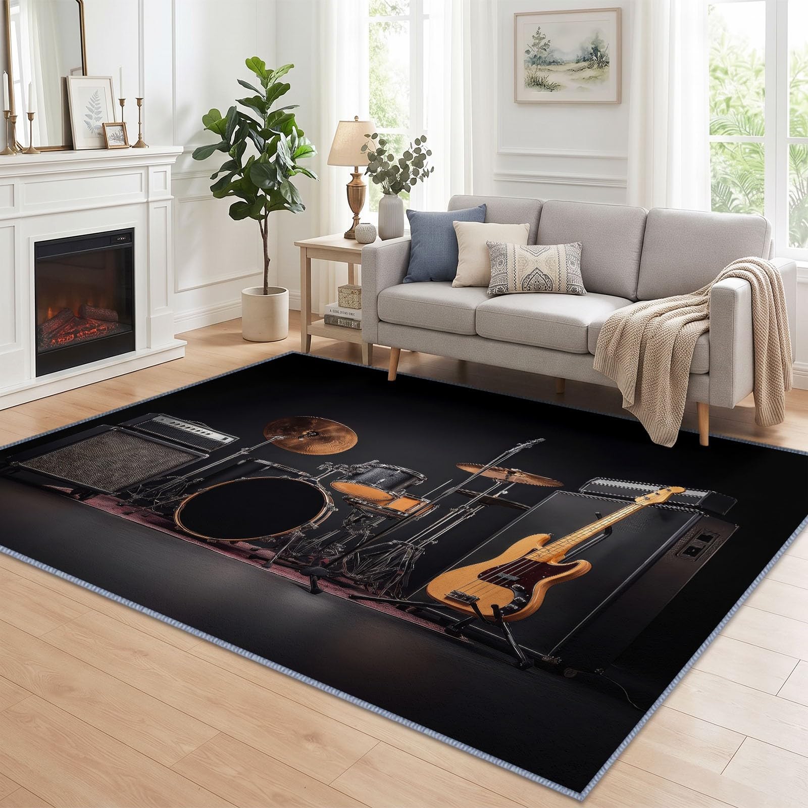 Générique Batterie, Basse Tapis de Salon Lavable 160x230 cm，Lavable Noir, Musique - Antidérapant et Lavable en Machine - Poils Courts - Douce - pour Salon, Chambre ou Bureau