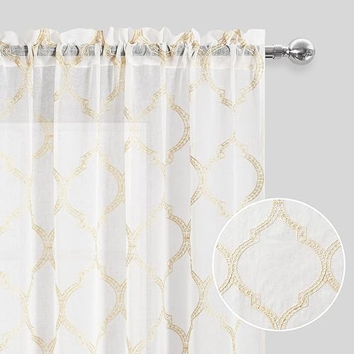 Miniatura 2 de DWCN Cortinas traslúcidas blancas con diseño marroquí bordado, cortinas de lino sintético para dormitorio y sala de estar, juego de 2 tratamientos