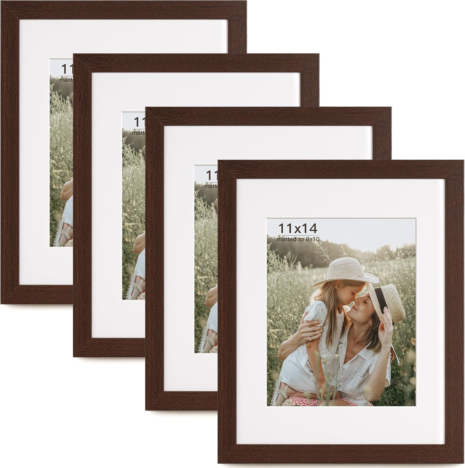 11x14 Picture Frame with Mat for 8x10 Set of 4, Walnut Wood Grain 11 x 14 Dark Brown Gallery Wall Picture Frames for Wall Mounting(4 Pack, Walnut) 11x14 - 4 pack Walnut