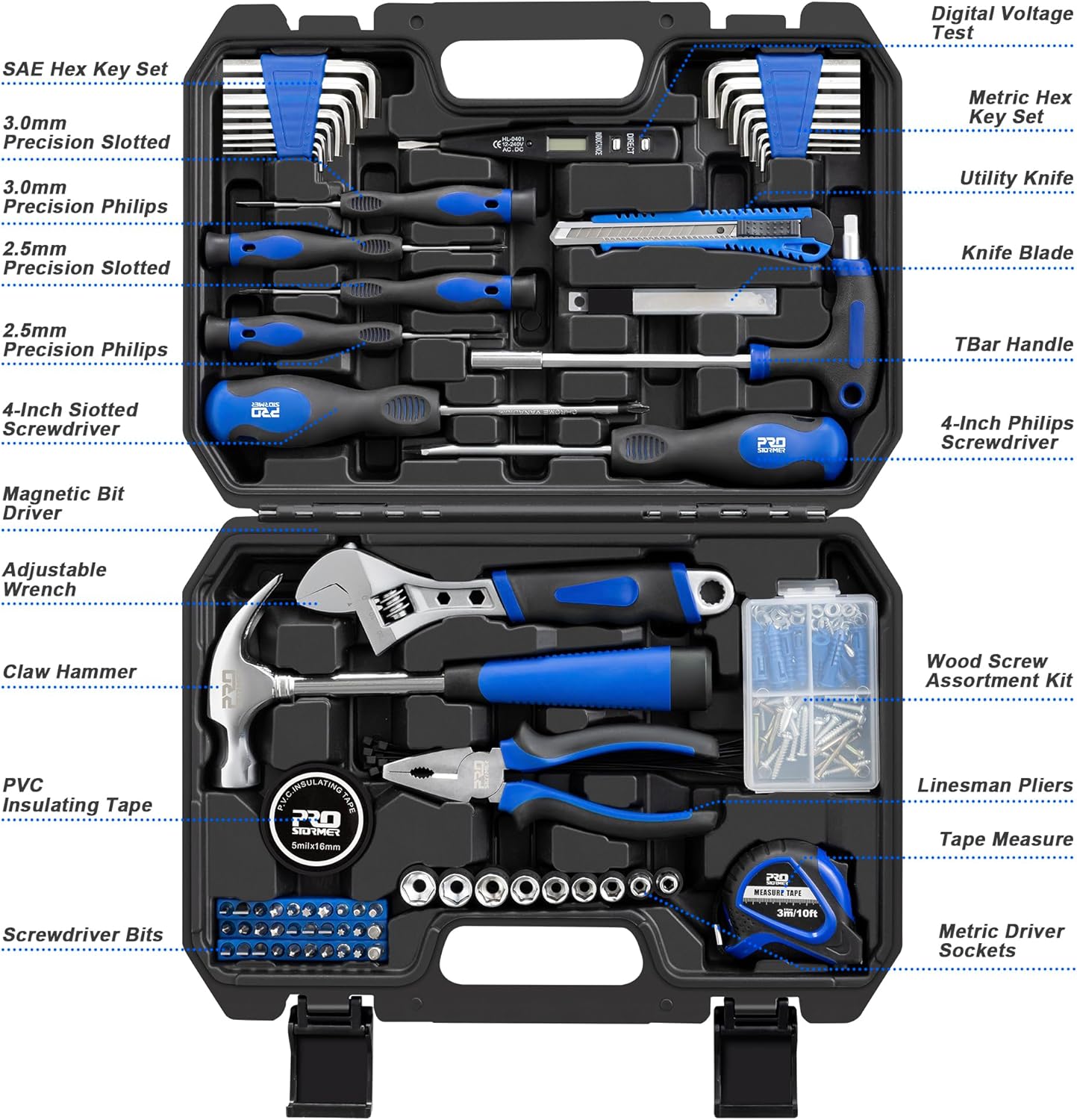 Prostormer 179-Piece Home Tool Kit, General Household Hand Tool Set with Portable Storage Box, Basic Tools for Apartment, Garage, Office and College Dorm