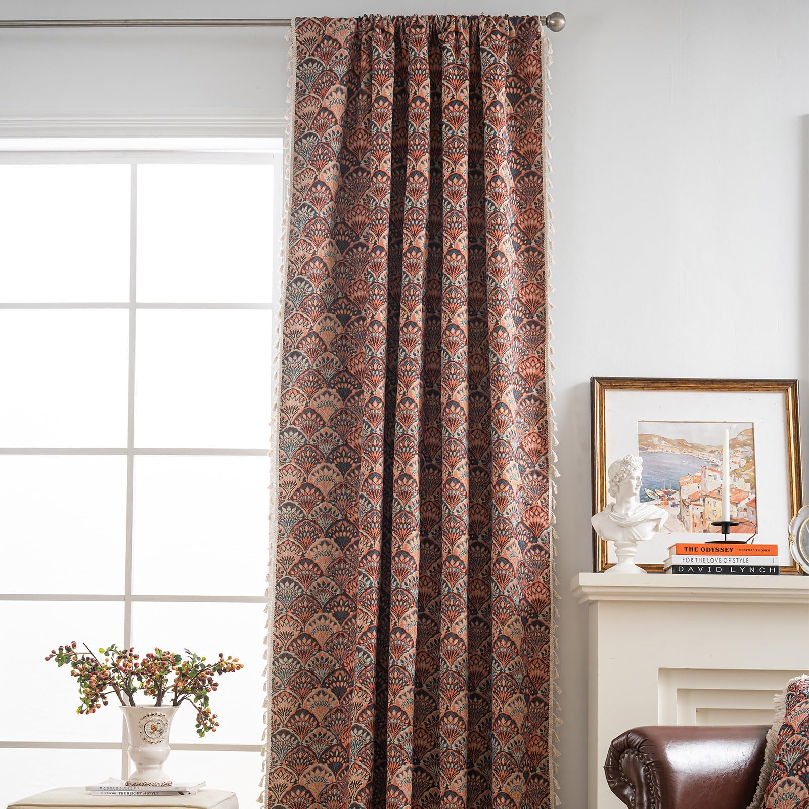 USTIDE Vintage Ginkgo Leaf Jacquard Curtain Semi-Blackout Light Filtering 150x160cm Blue Rod Pocket for Bedroom Living Room