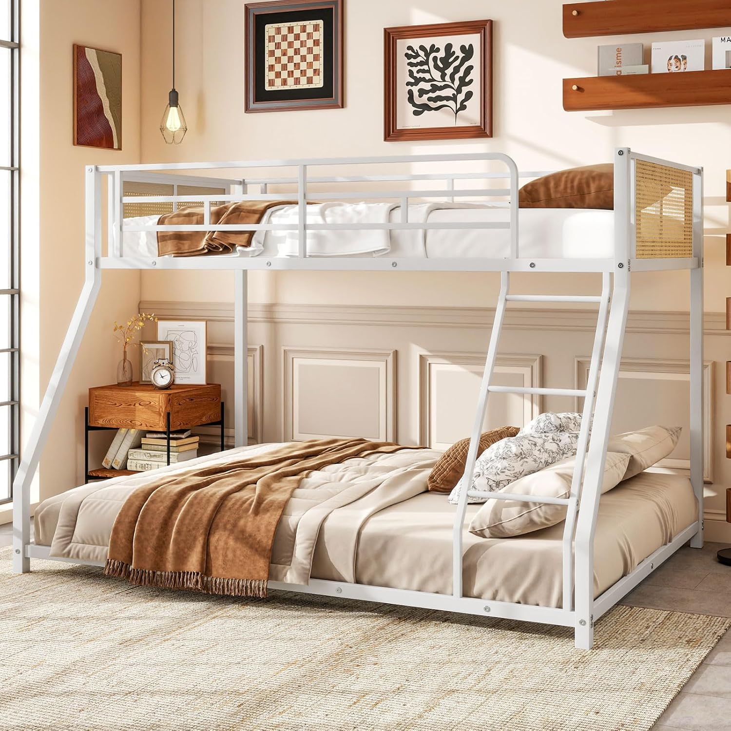 Giantex Twin Over Full Metal Bunk Bed, Boho Rattan Floor Bunkbeds with Ladder & Full-length Guardrails, Heavy Duty Metal Slats Support Bed Frame for Teens, Adults, Guests, No Box Spring Needed (White)