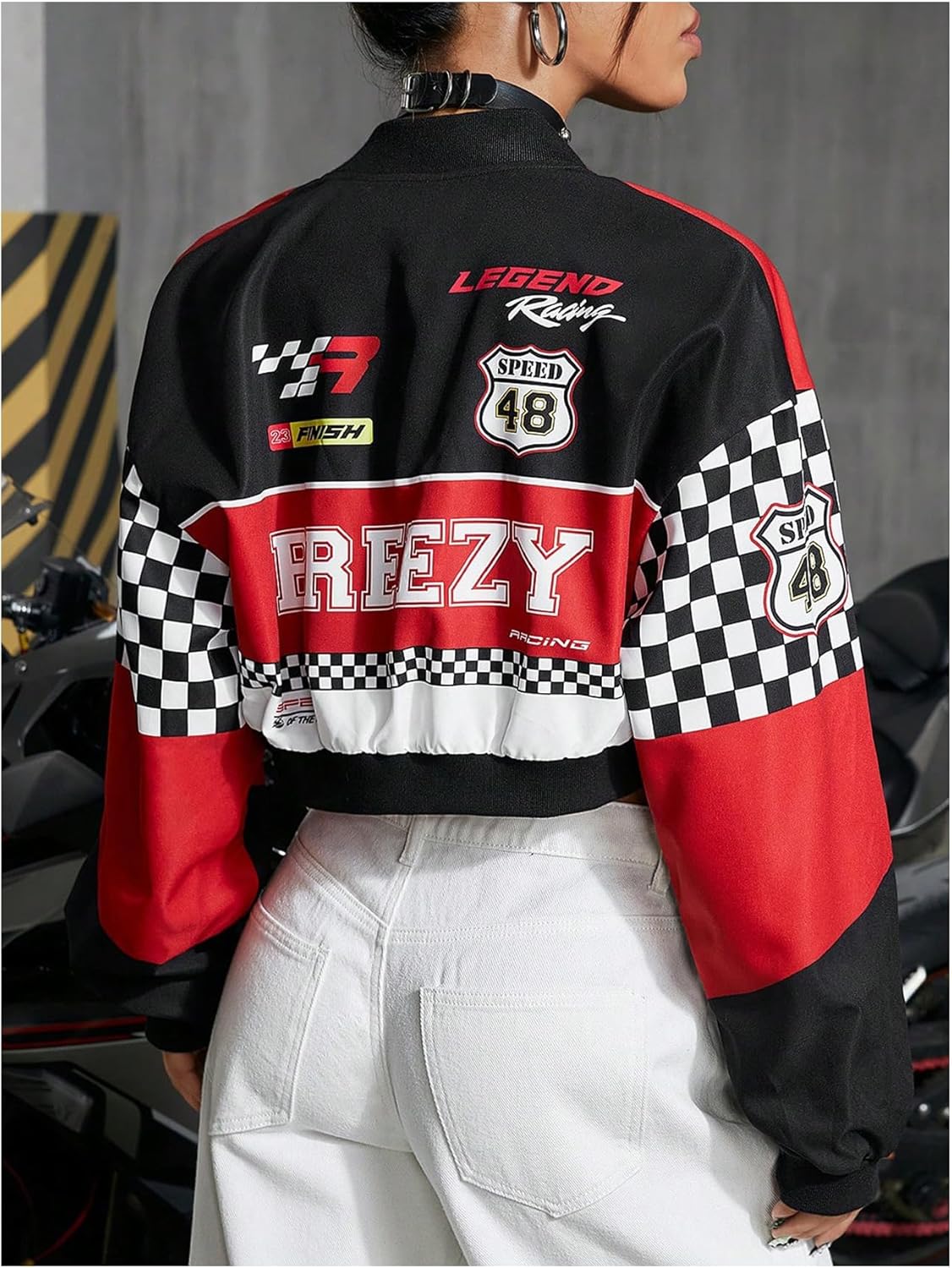 Verdusa Women's Plaid Colorblock Cropped Motorcycle Jacket Hip Hop Streetwear Zip Up Outerwear - Image 2