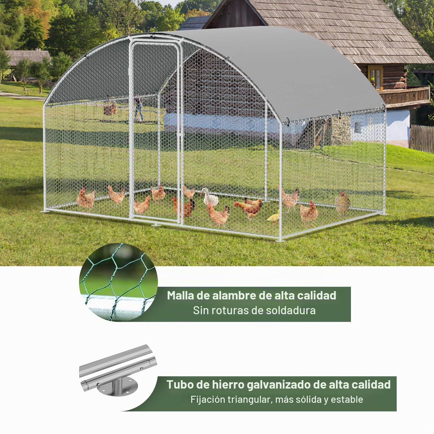 Gallinero con cercado para exterior de acero galvanizado, 3 x 2 x 2 m, gallinero exterior con techo abovedado con cerradura y tela impermeable de PE, para gallinero, jaula para pájaros