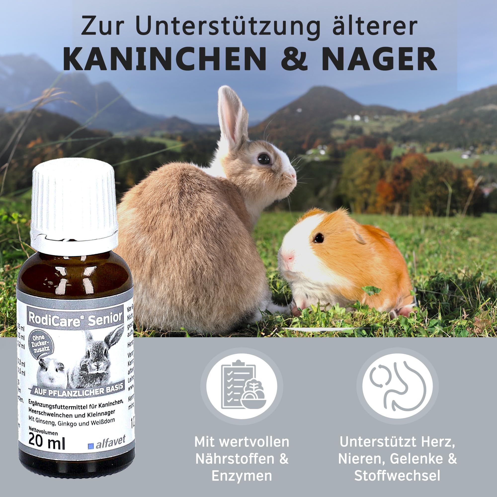 alfavet RodiCare Senior Complément Alimentaire pour Lapins Cochons d'Inde Petits Rongeurs Ginseng Ginkgo Aubépine 20 ML